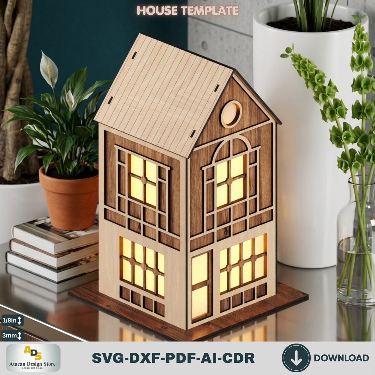 DIY Wooden House Luminary Template | Laser Cut Miniature Village | Table Lamp Design 885
