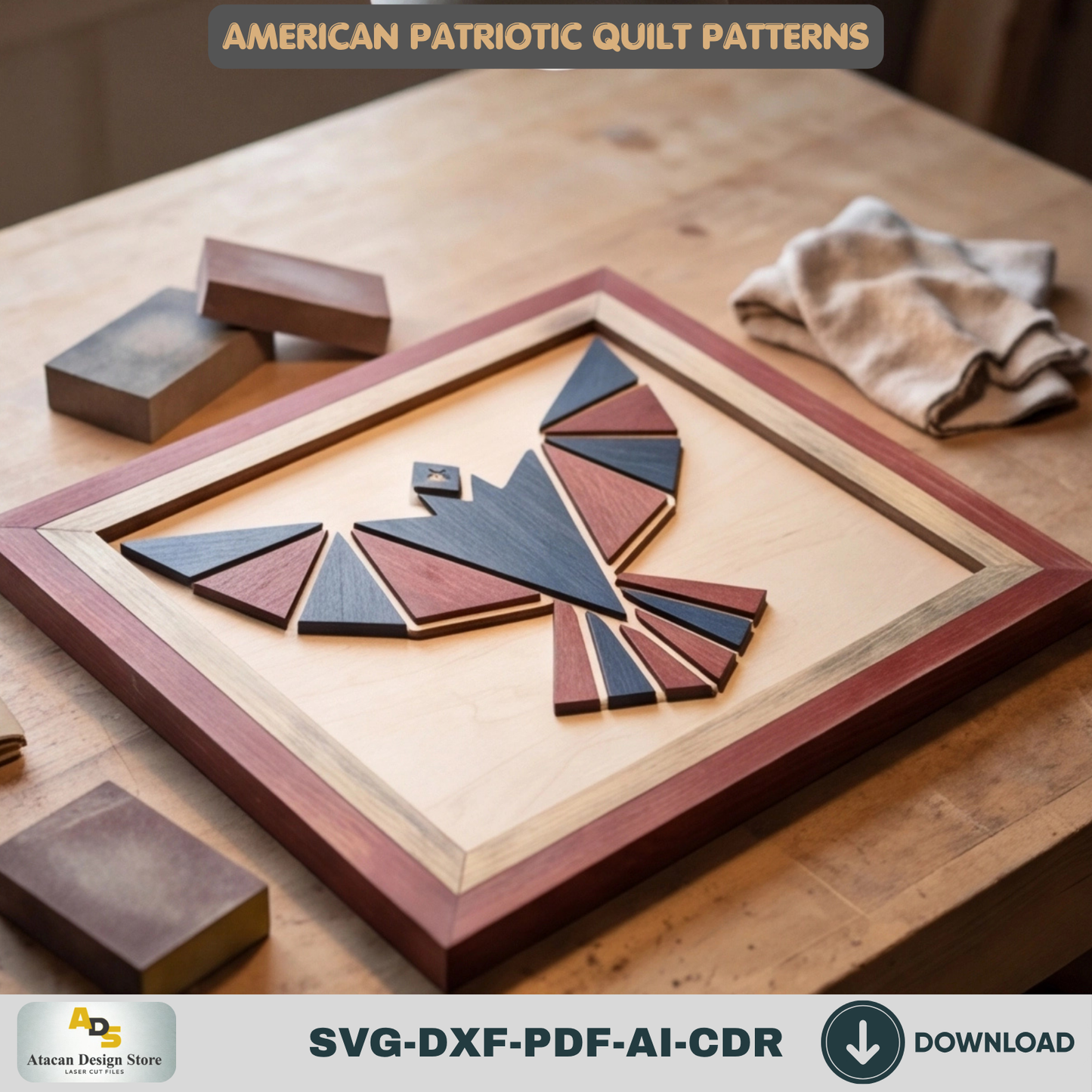 Patriotic Bald Eagle Geometric Wall Art Laser Cut Template American Quilt Pattern Wood Decor