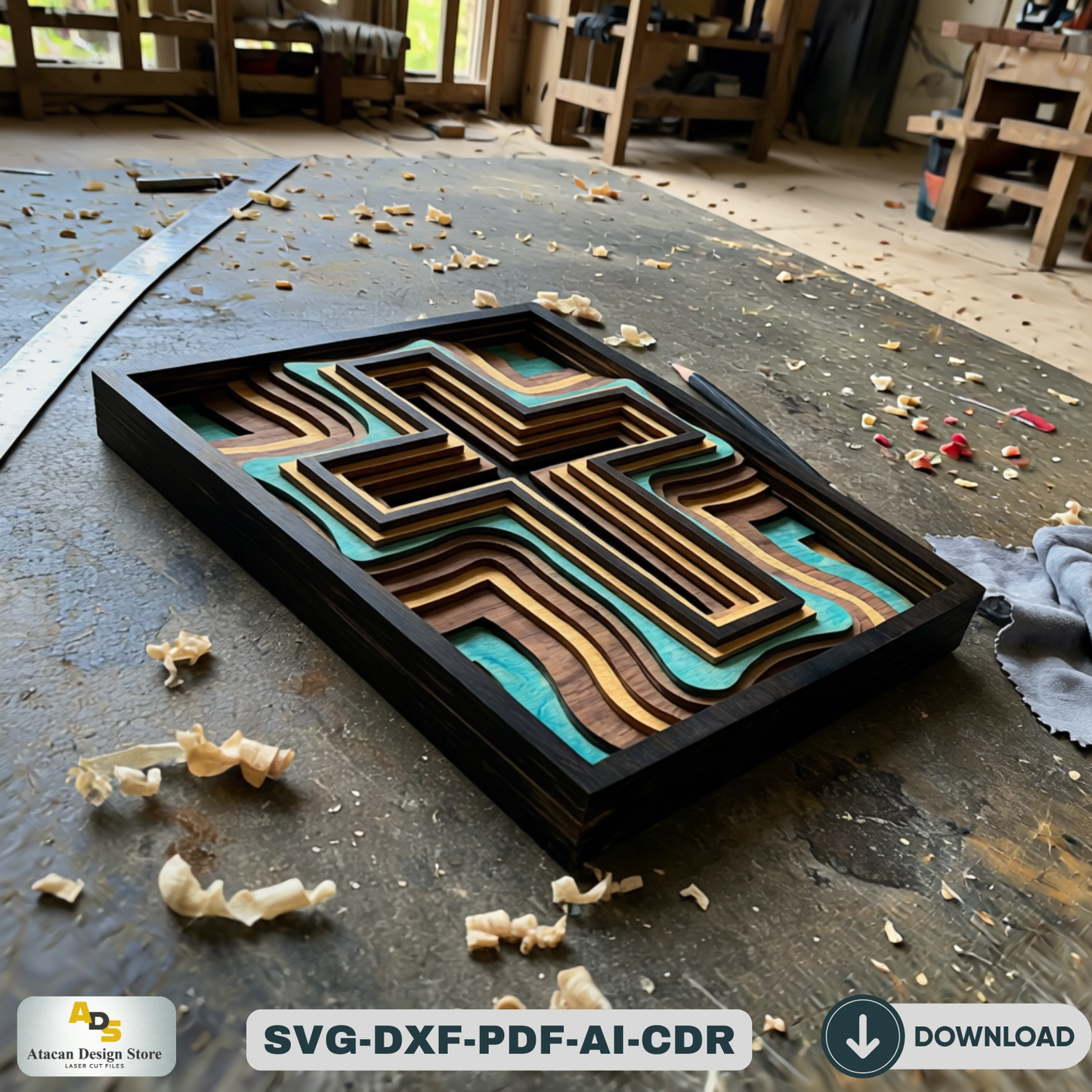 3D Layered Wood Cross Wall Art LaserCut Religious Multilayer Decor Christian Spiritual Vector Pattern