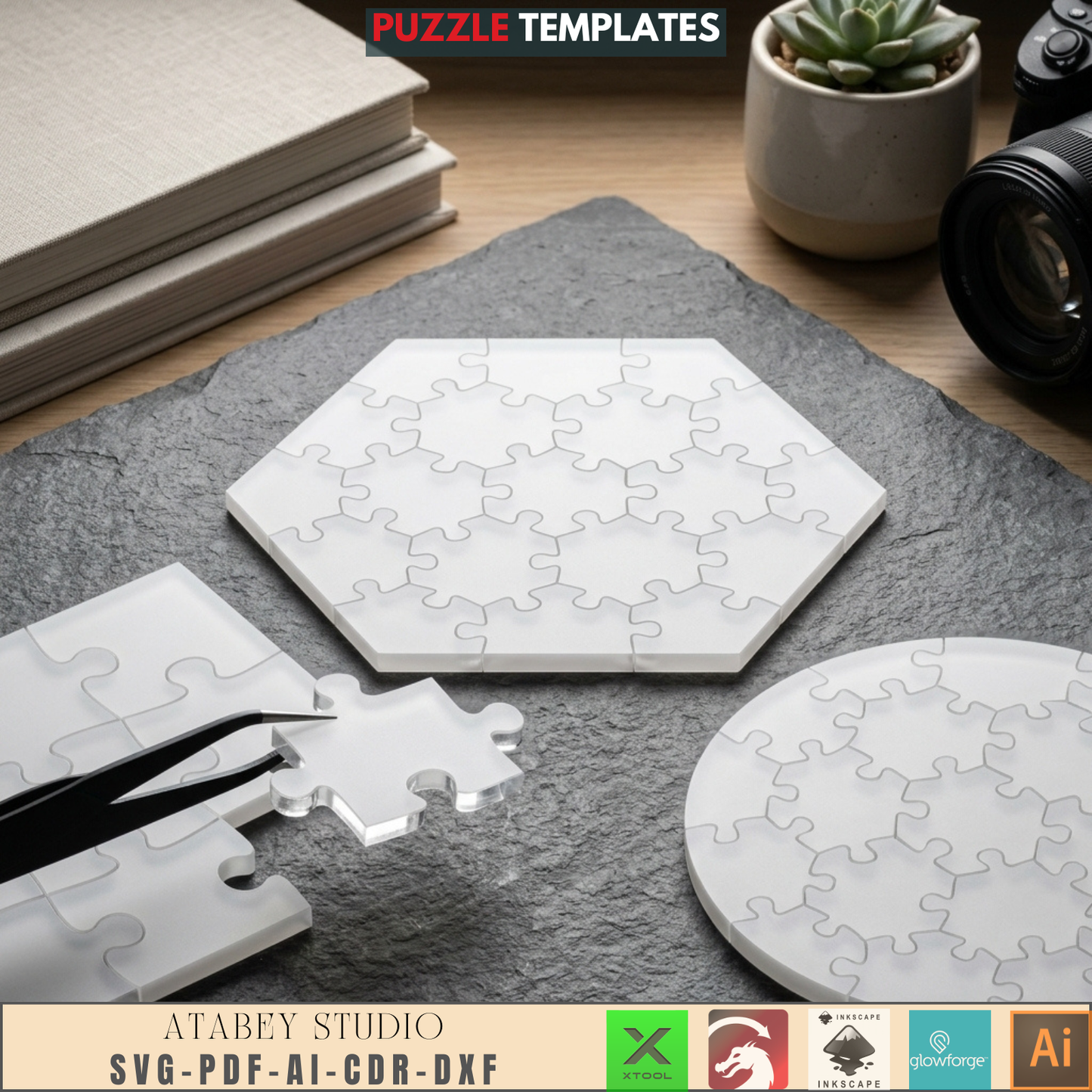 Wooden Laser Cut Jigsaw Puzzle Templates Circle Hexagon Square Shapes Bundle