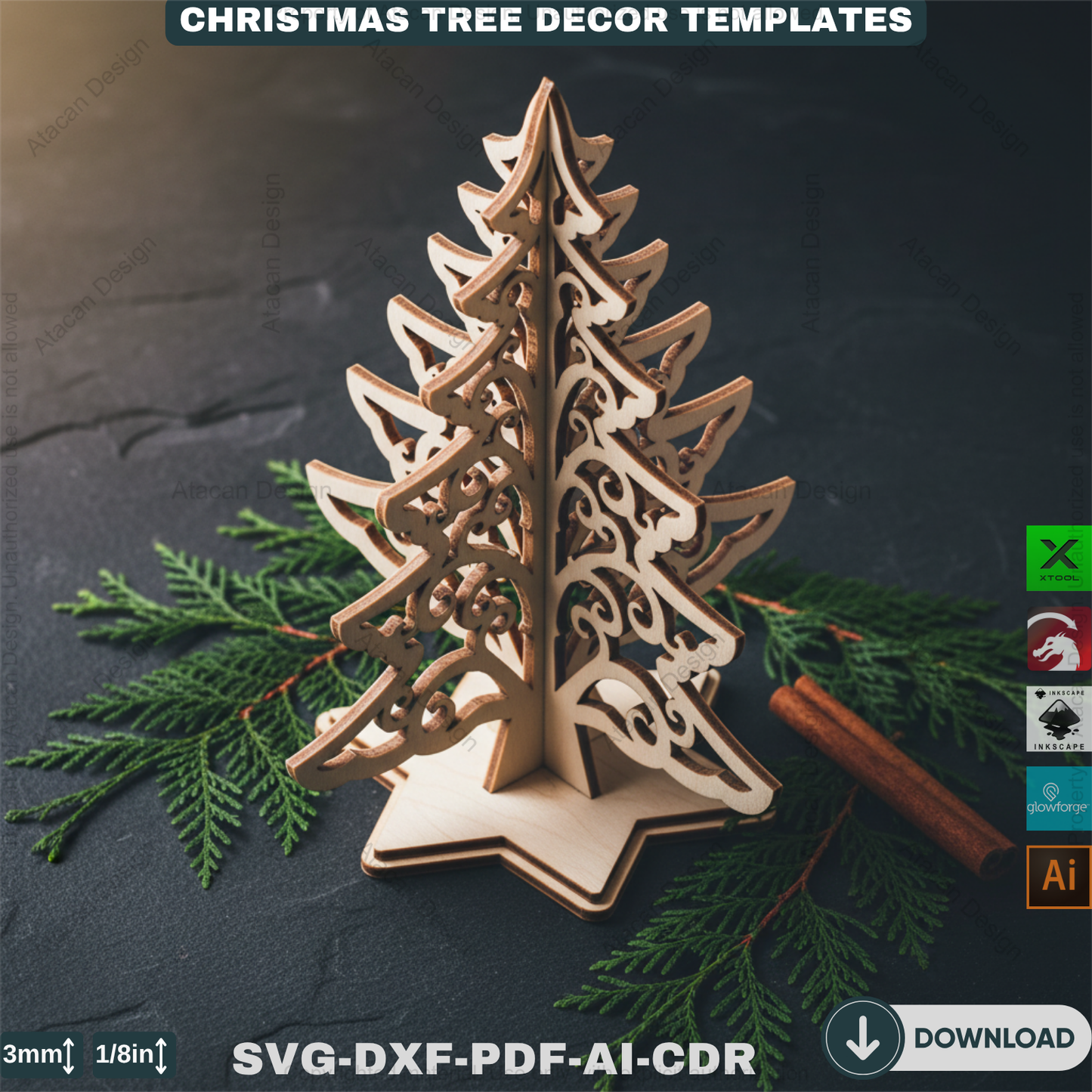 Christmas Ornament Tree With Pattern Laser Cut Files, Festive Holiday Shelf Sitter, Wooden Tabletop Decor Trees 912