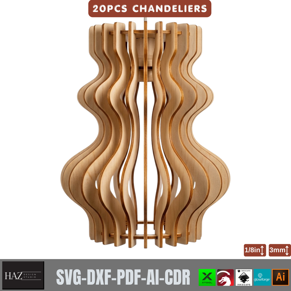 20 Piece Wooden Chandelier Pendant Lamp Laser Cut SVG Template Set Plywood 566