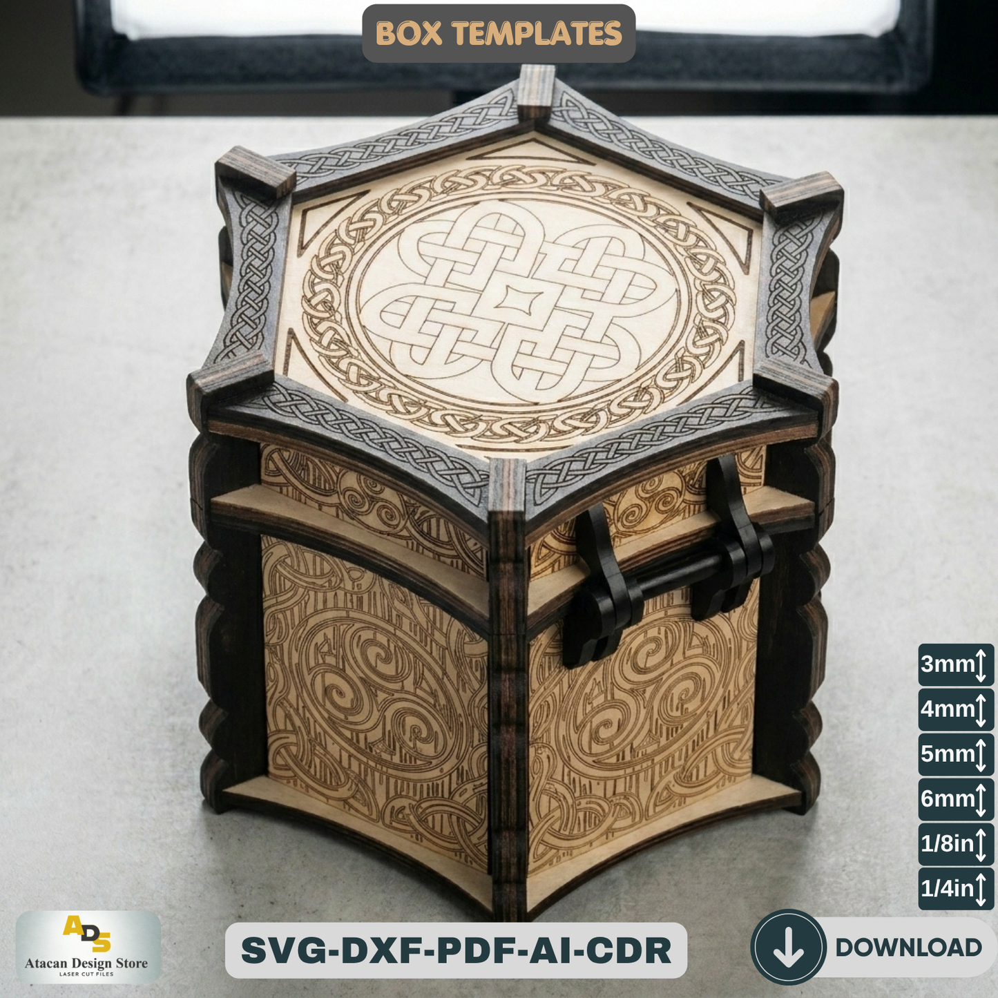 Celtic Hexagon Box Laser Cut File Mythical Jewelry Chest Pattern Wooden Trinket Box Template