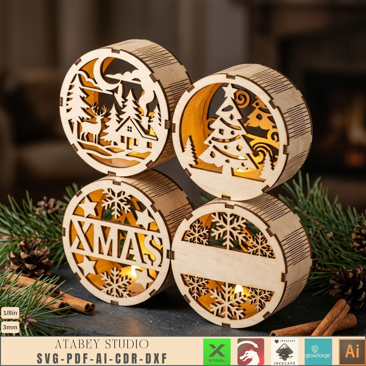 3D Christmas Light Box Laser Cut Files, Wood Holiday Lantern Candle Holder Template 1033