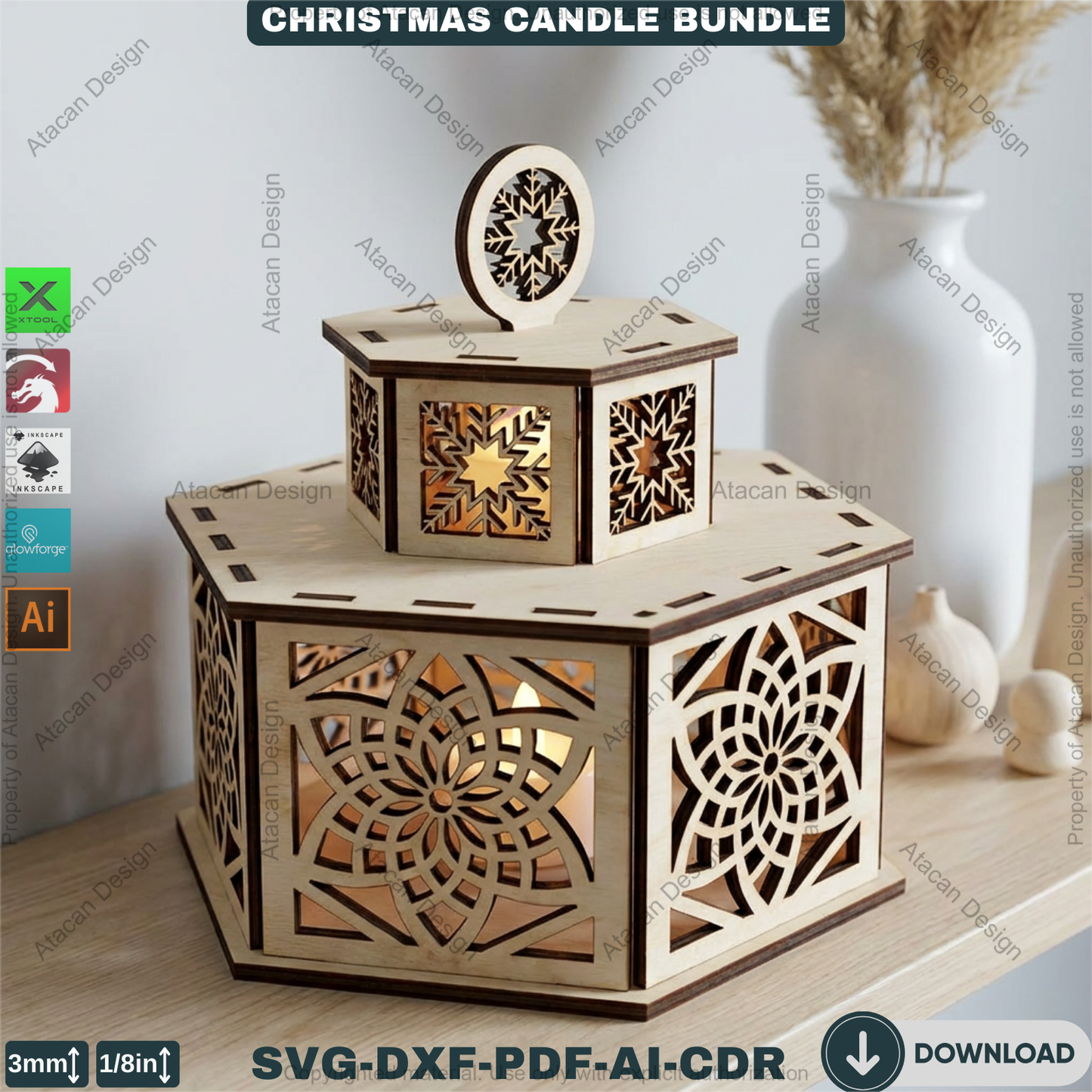 Christmas Candle Holder Bundle / Tealight Stands With Lid / Lantern Tabletop Decor / Holiday Ornaments 923