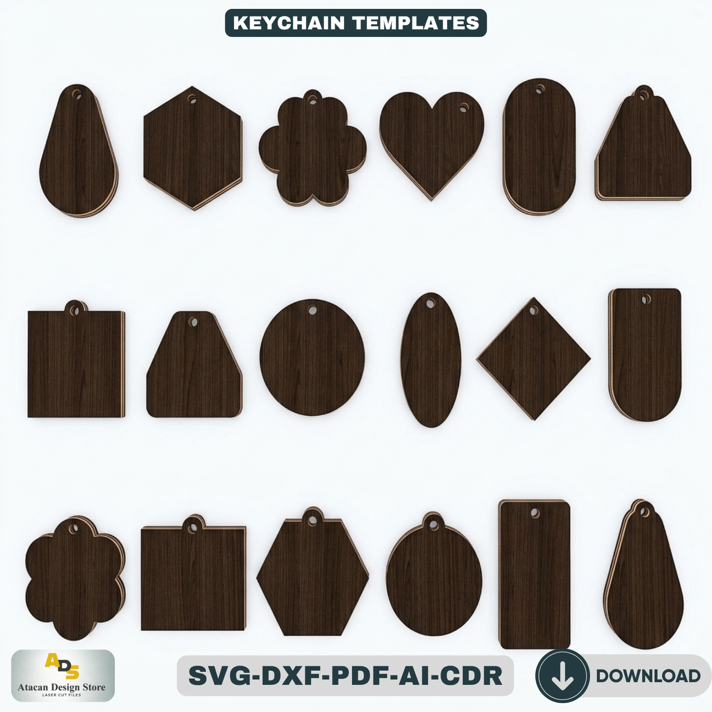 Keychain Cutting Templates | Laser and Craft Machine Ready | 18 Unique Shapes 429