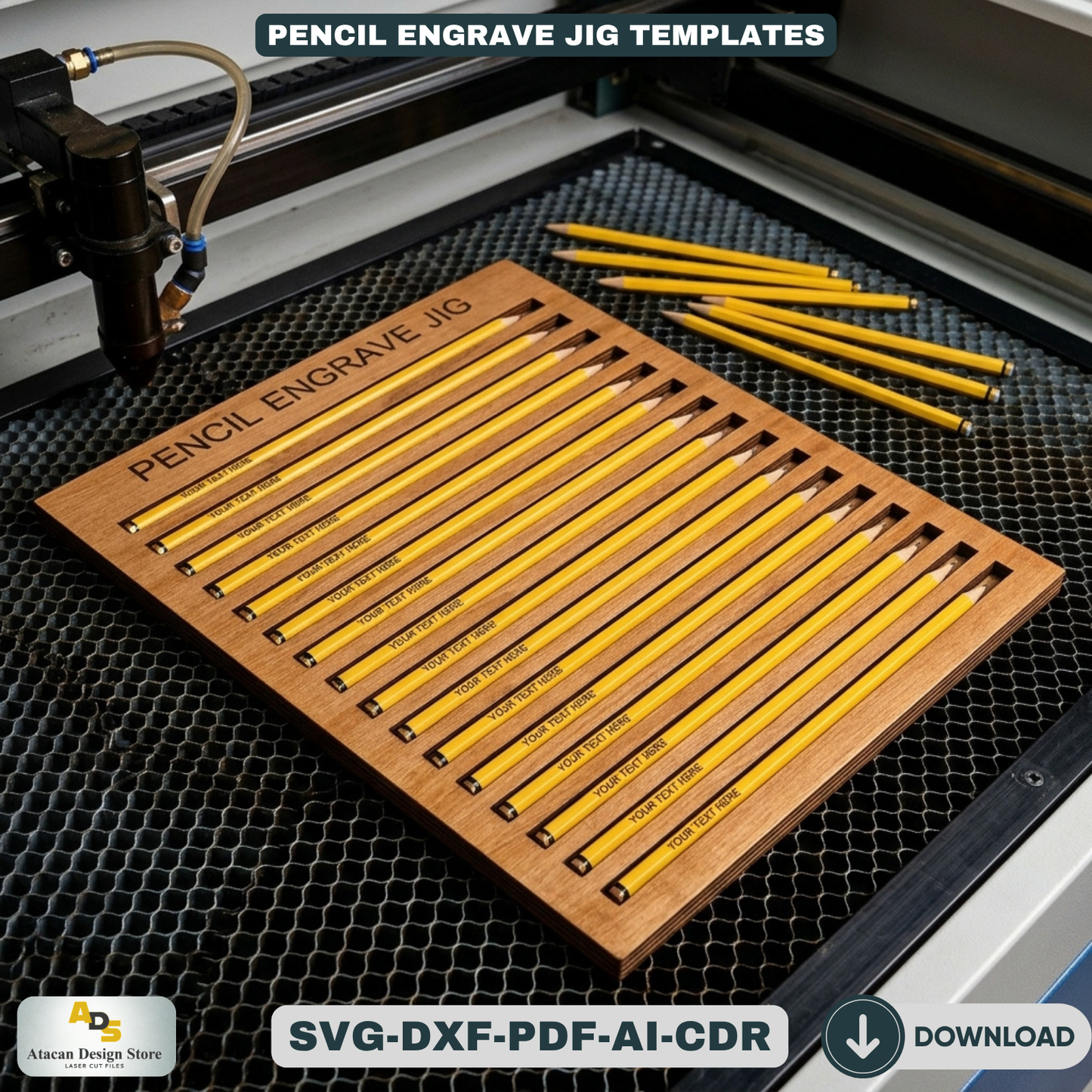Pencil Engraving Jig - Laser Cut File for Personalized Pencils - Custom Text on Pencils 432