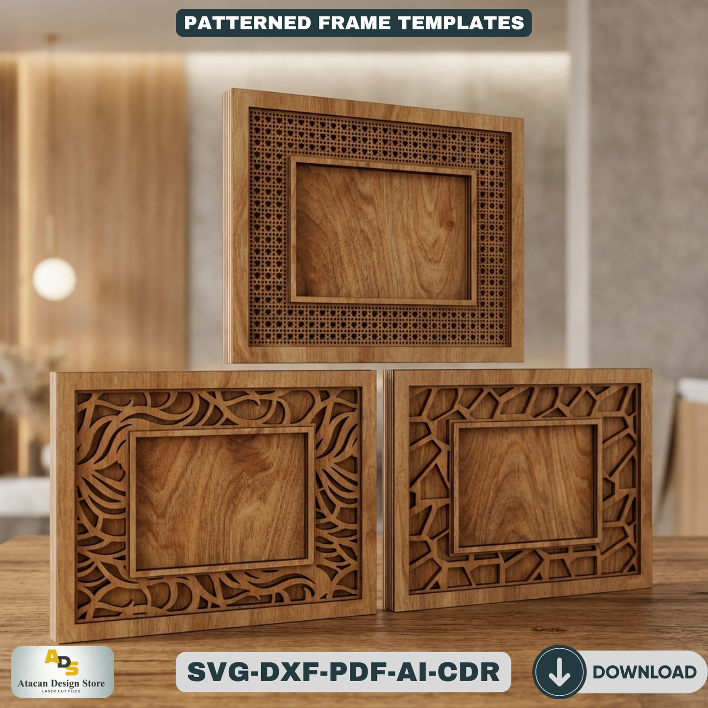 Floral Patterned Wood Photo Frame Designs - Rattan Cane Frame Laser Cut Set 449