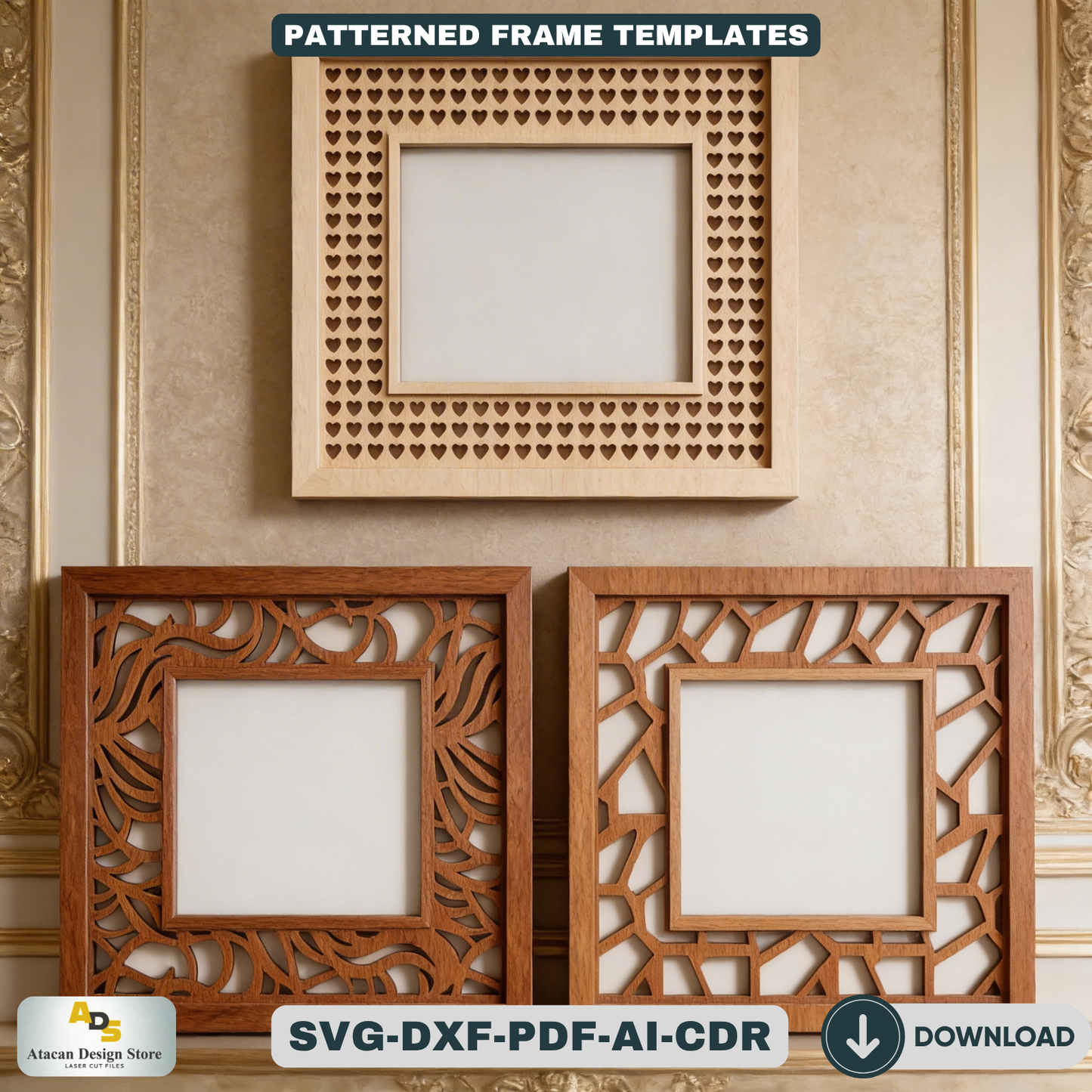 Floral Patterned Wood Photo Frame Designs - Rattan Cane Frame Laser Cut Set 449