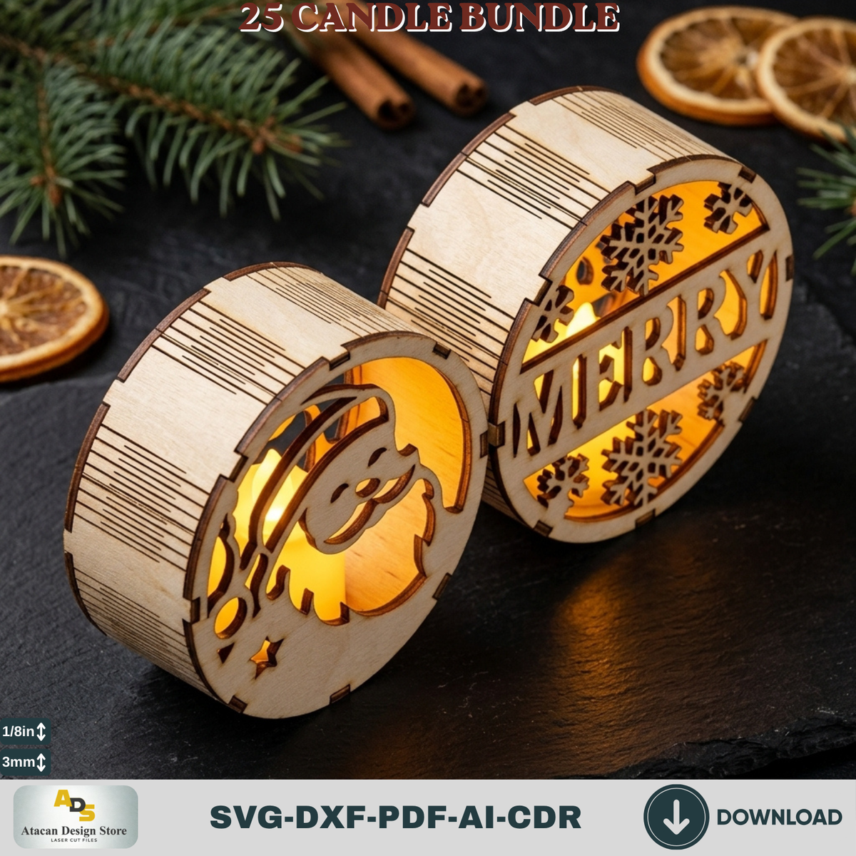Christmas Tealight Candle Holder Bundle, 25 Laser Cut Round Lantern Templates, Xmas Glowforge Decor