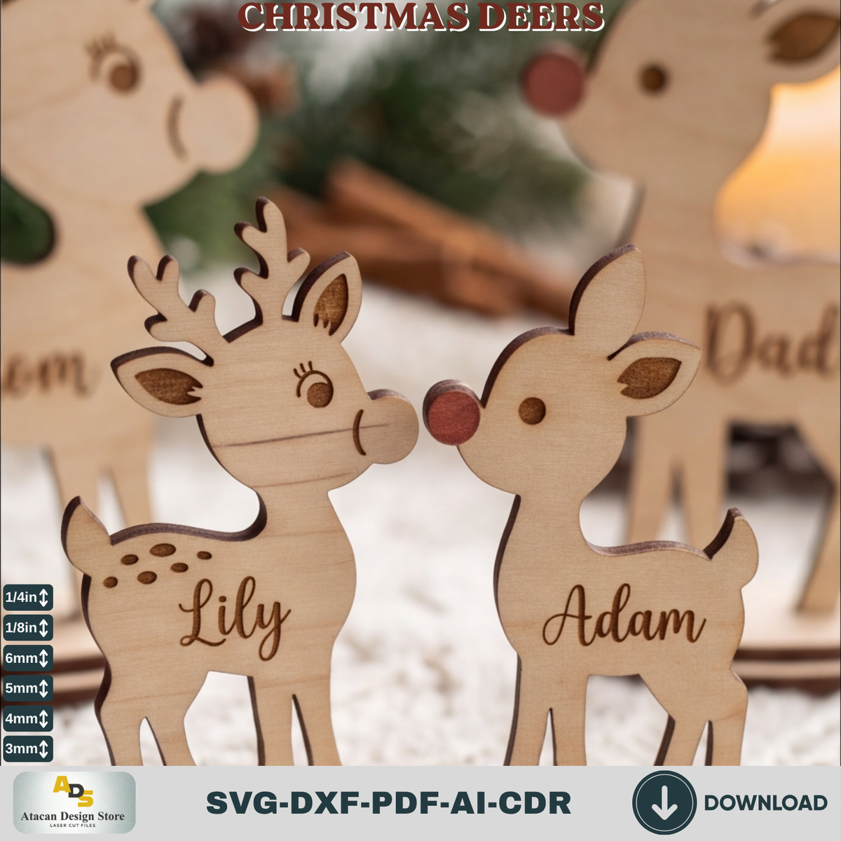Personalized Reindeer Family Laser Cut Holiday Shelf Decor - Mom Dad Kids Sizes