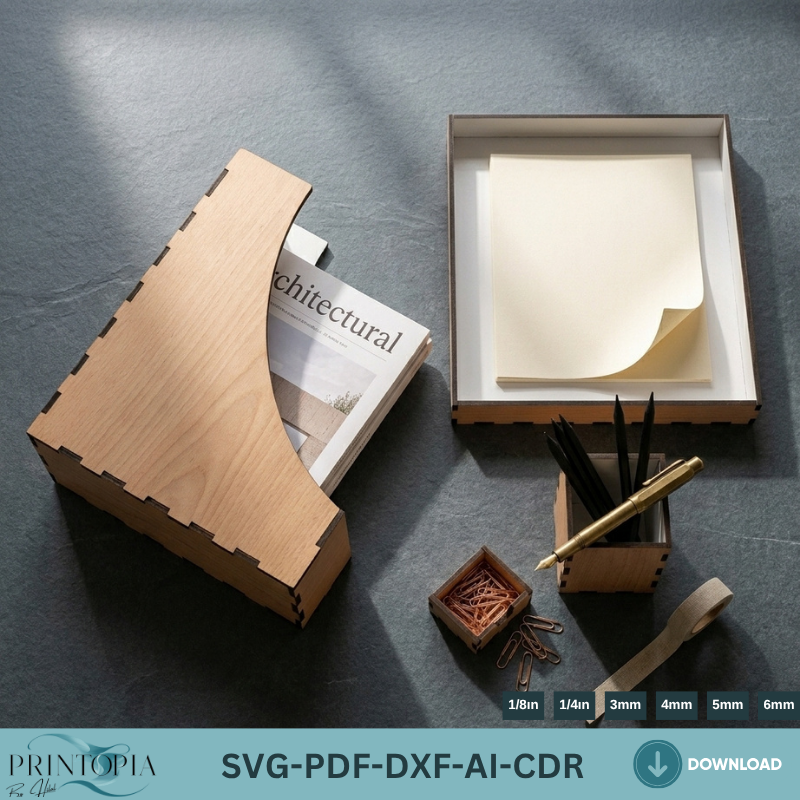 Wooden Desk Organizer Laser Cut Files Office Storage Set Plywood Stationery Holder Templates