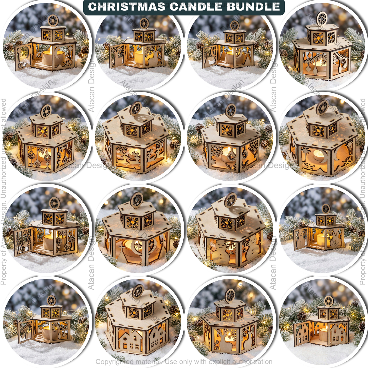 Christmas Candle Holders - Lanterns With Lid - Tealight Laser Cut Lamp Designs - Night Light Decoration 922