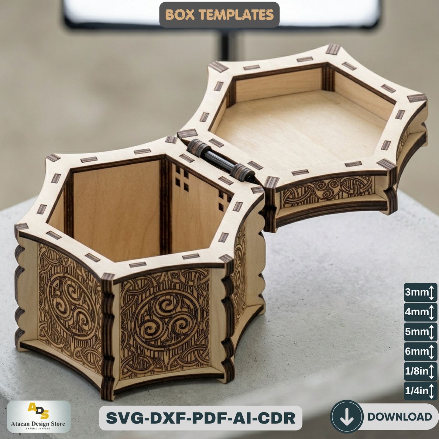 Celtic Hexagon Box Laser Cut File Mythical Jewelry Chest Pattern Wooden Trinket Box Template