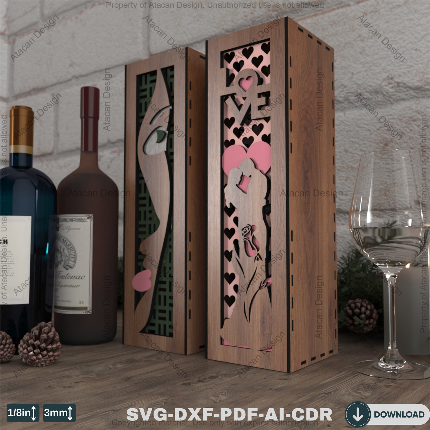 Laser Cut Wooden Wine Bottle Box – Love and Artistic Women Theme for Special Occasions 801