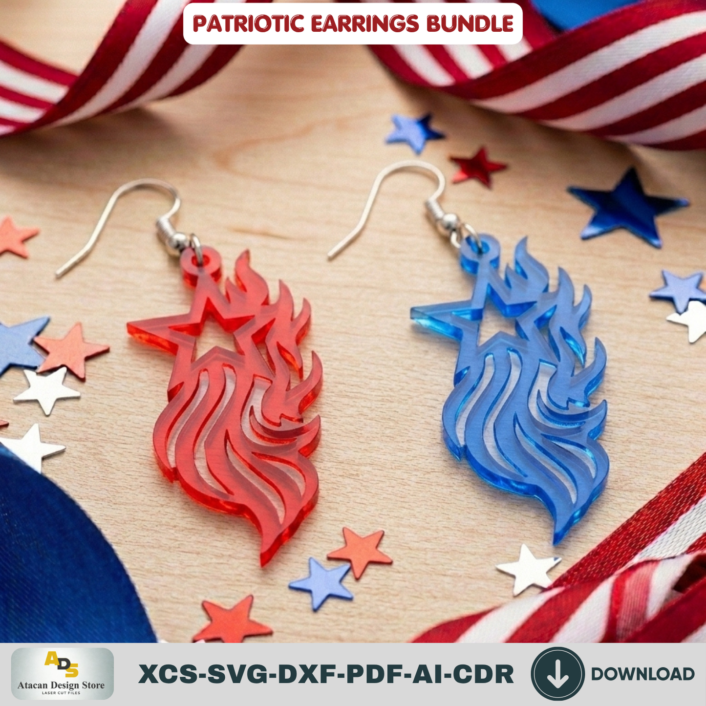 Patriotic Earring Laser Cut Template, USA Flag Star Jewelry Pattern, Independence Day Gift