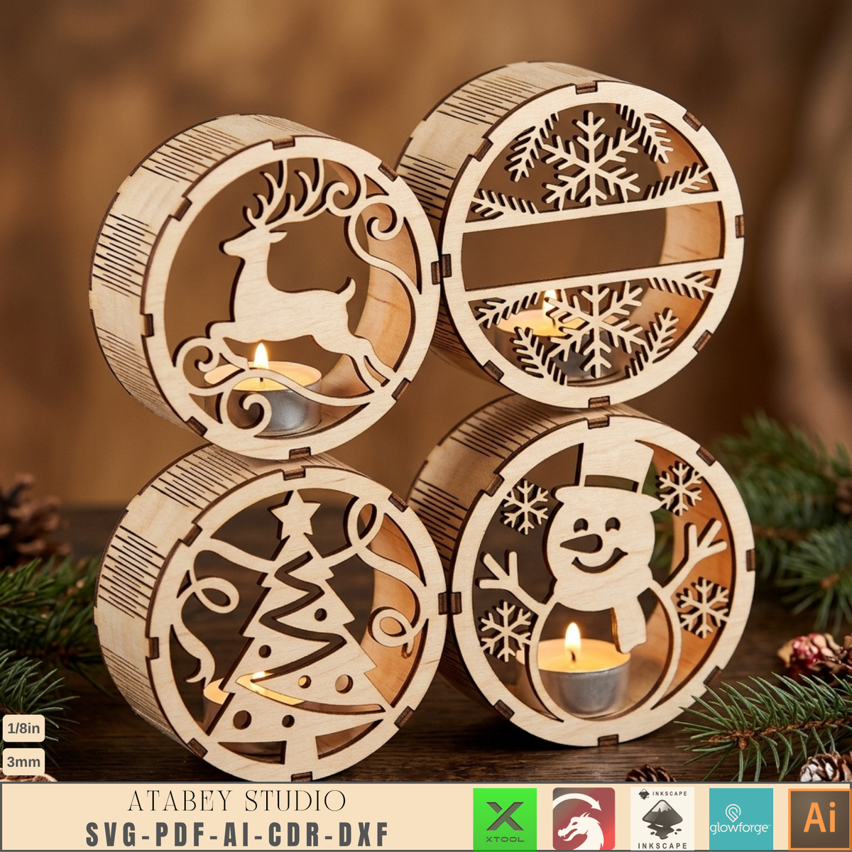 3D Christmas Light Box Laser Cut Files, Wood Holiday Lantern Candle Holder Template 1033