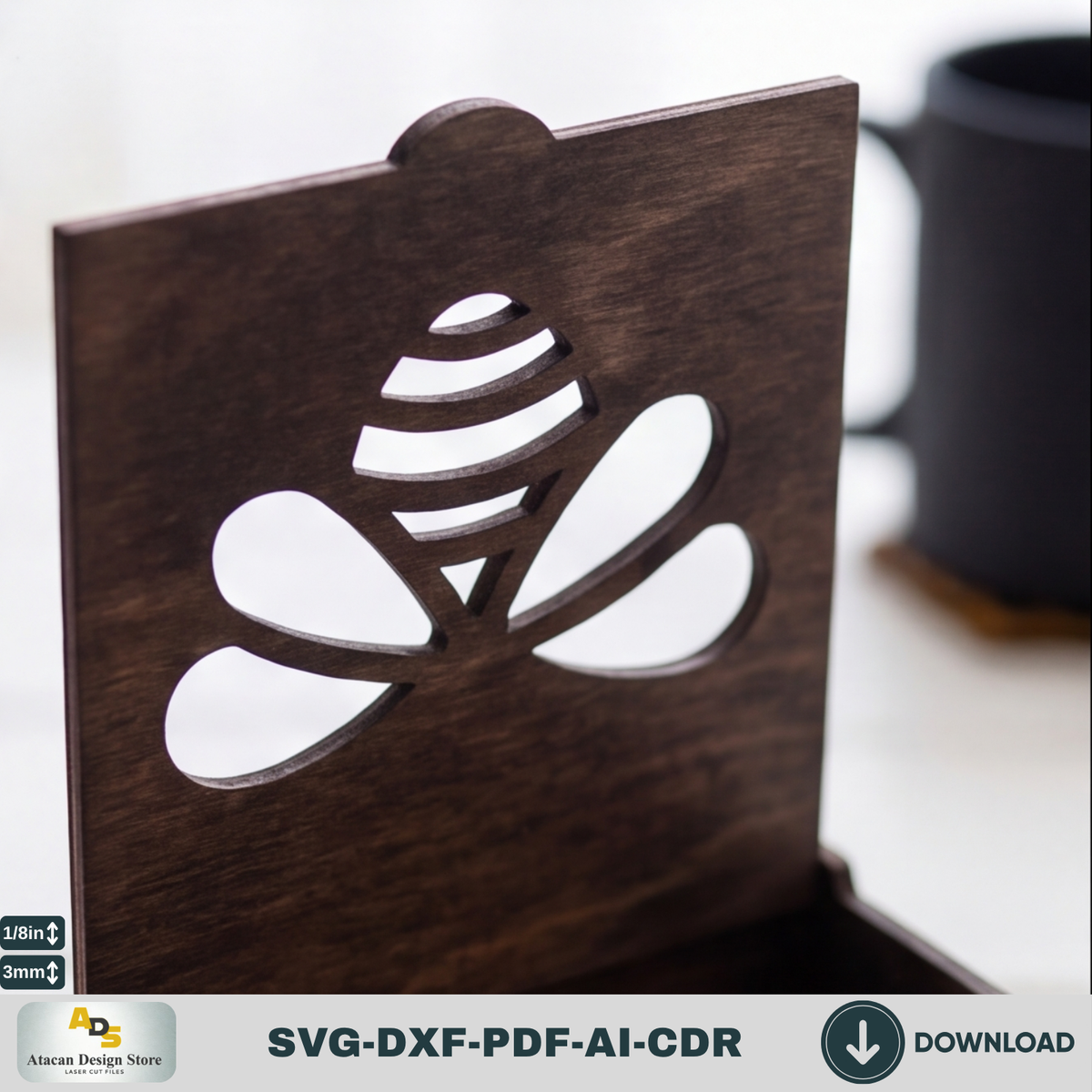 Honey Bee Coaster Set with Box SVG, Hexagon Honeycomb Coasters, Coaster Holder 305