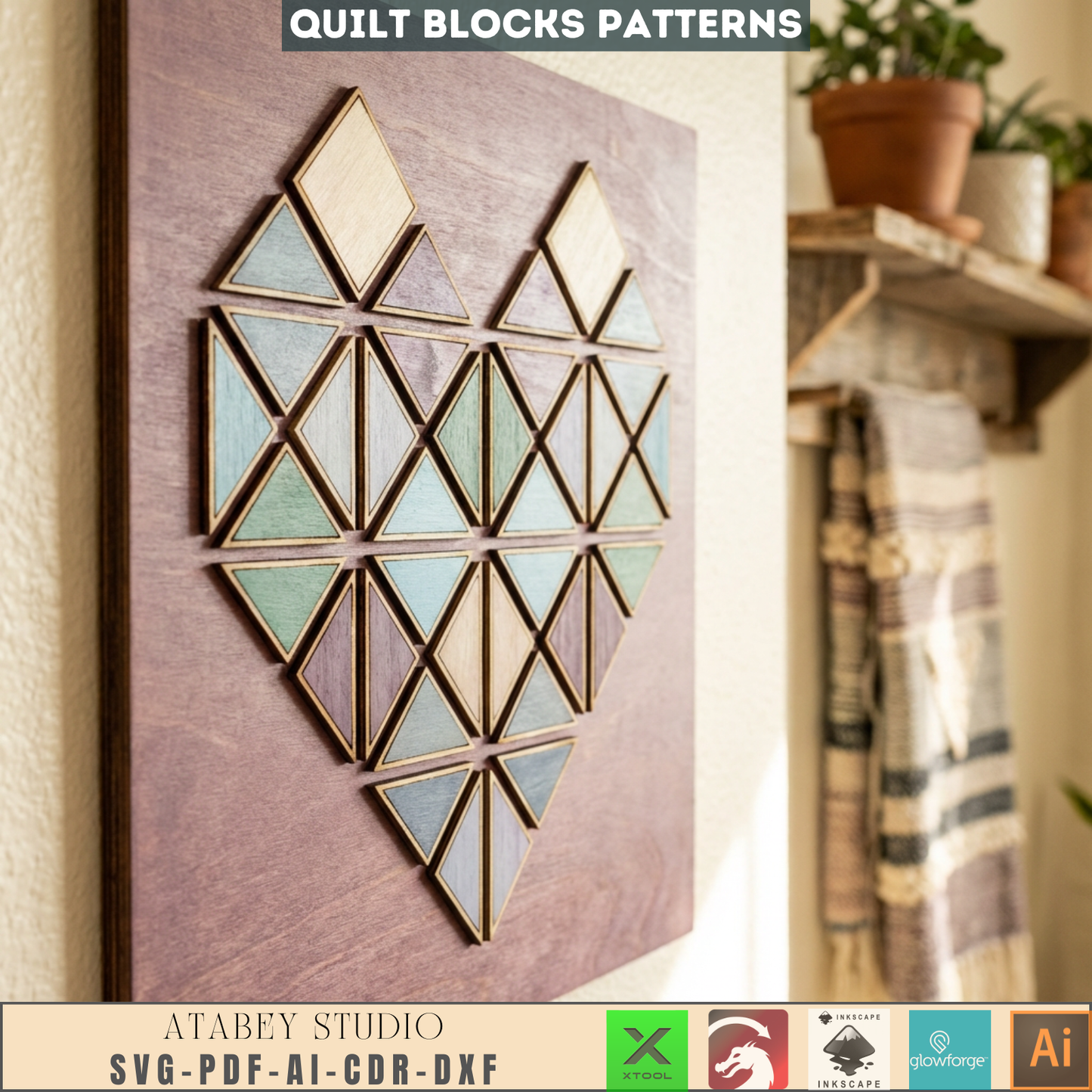 Geometric Quilt Block Wall Art Laser Cut Design Modern Farmhouse Wood Heart Butterfly Potted Flower 988