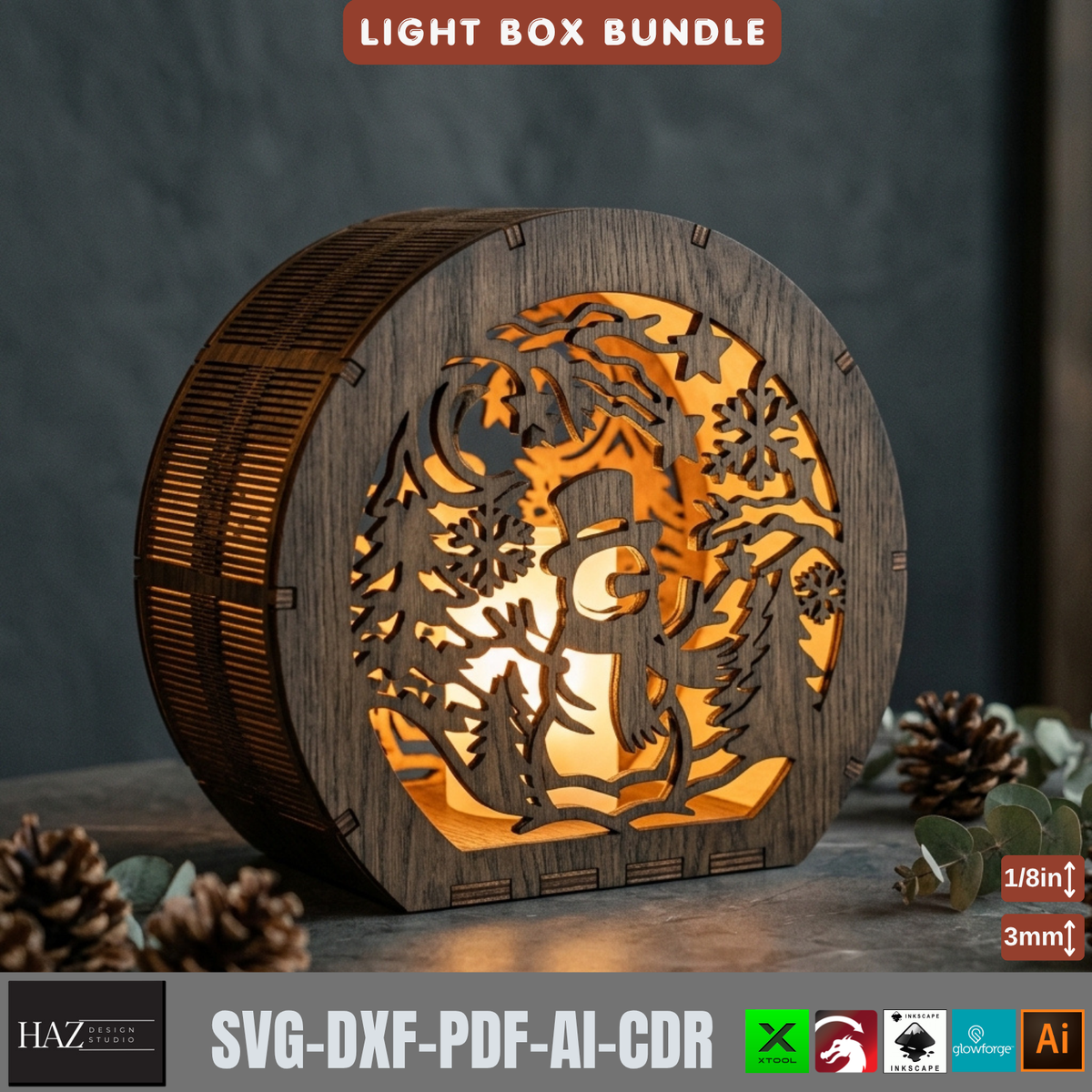 Laser Cut Christmas Lantern Bundle, Wooden Tealight Holders, Winter Scene Light Box Designs
