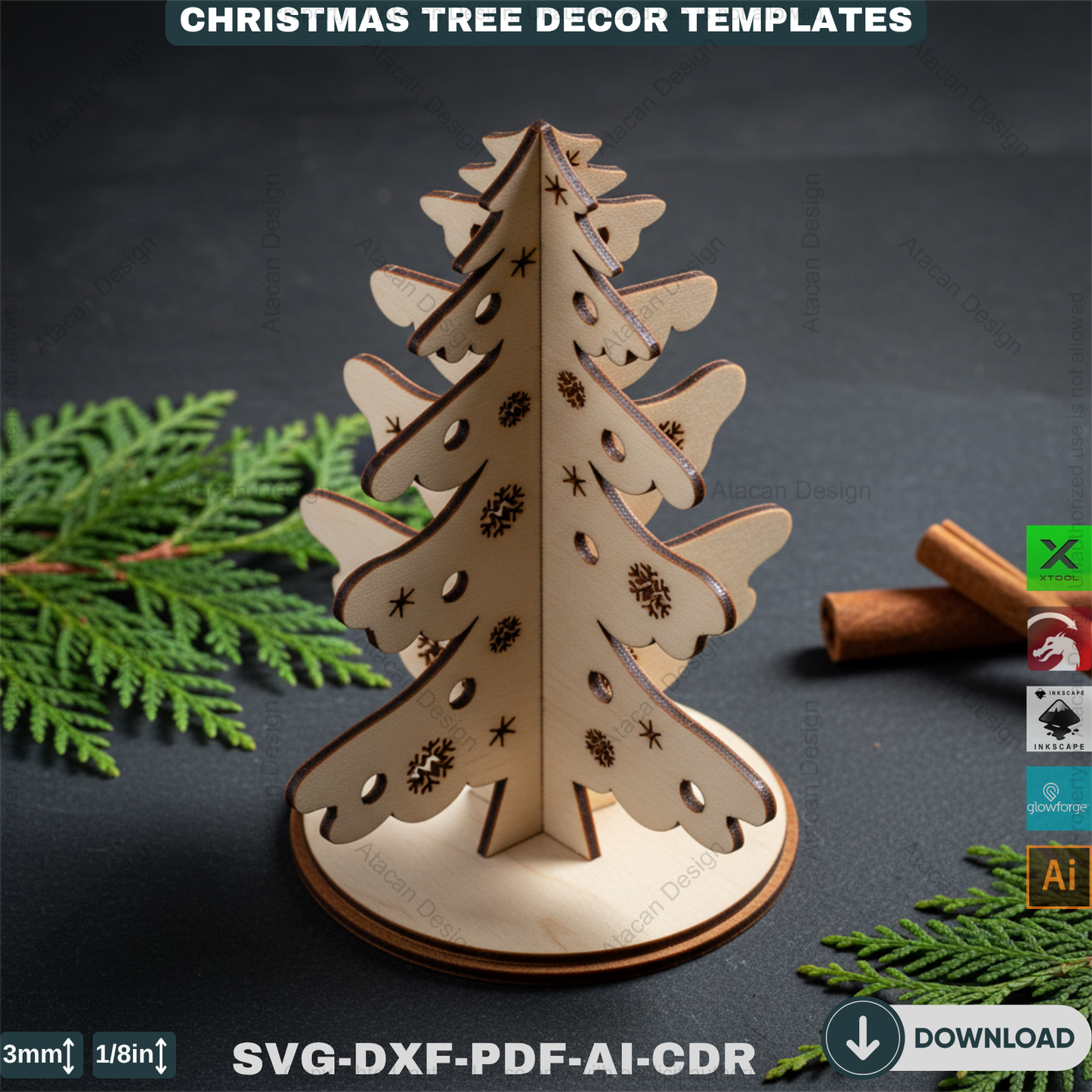 Christmas Ornament Tree With Pattern Laser Cut Files, Festive Holiday Shelf Sitter, Wooden Tabletop Decor Trees 912
