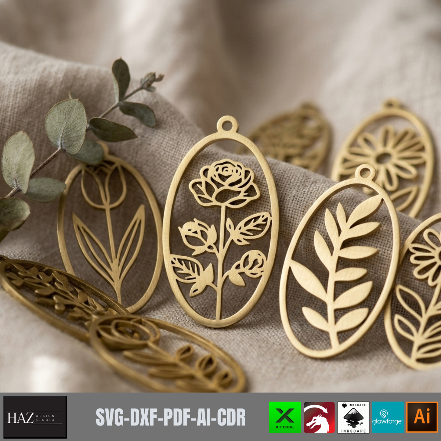 Botanical Earring Templates Floral Oval Pendant Wood Jewelry Patterns Rose Tulip Leaf Cutout Designs