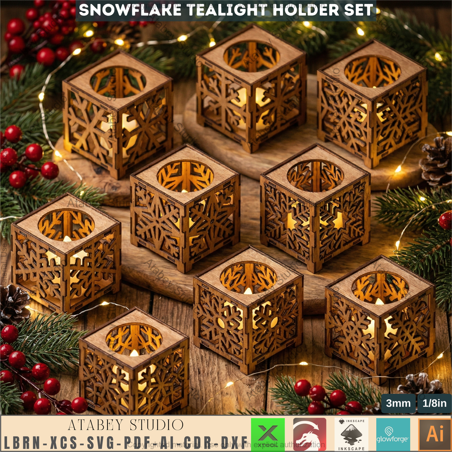 Snowflake Tealight Holder Laser Cut Files, Christmas Lantern Box SVG, Wooden Candle Holders 979
