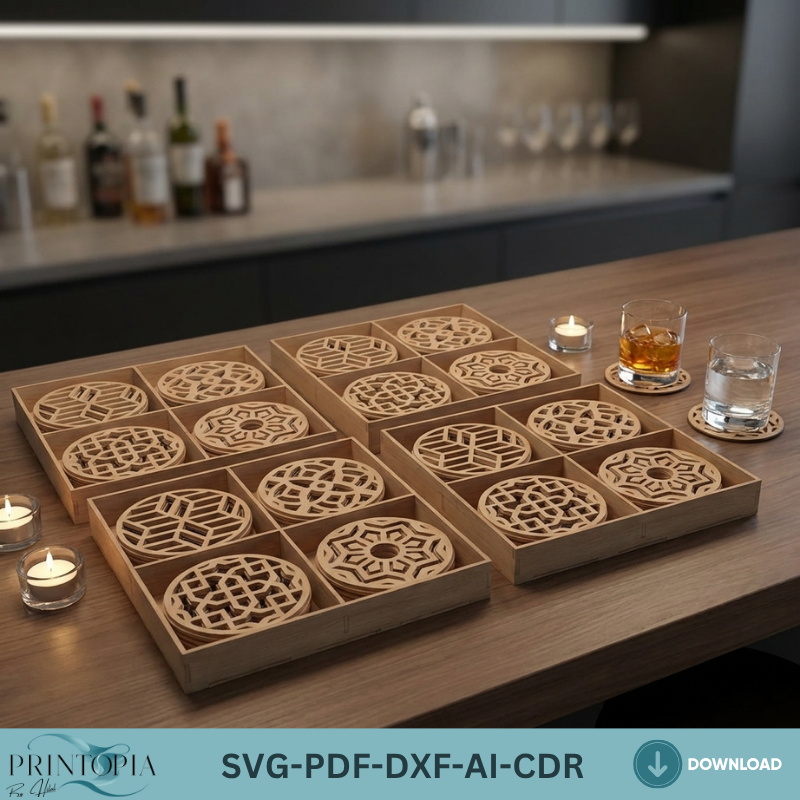 Geometric Laser Cut Coaster Set with Storage Box Patterned Wood Coaster Designs