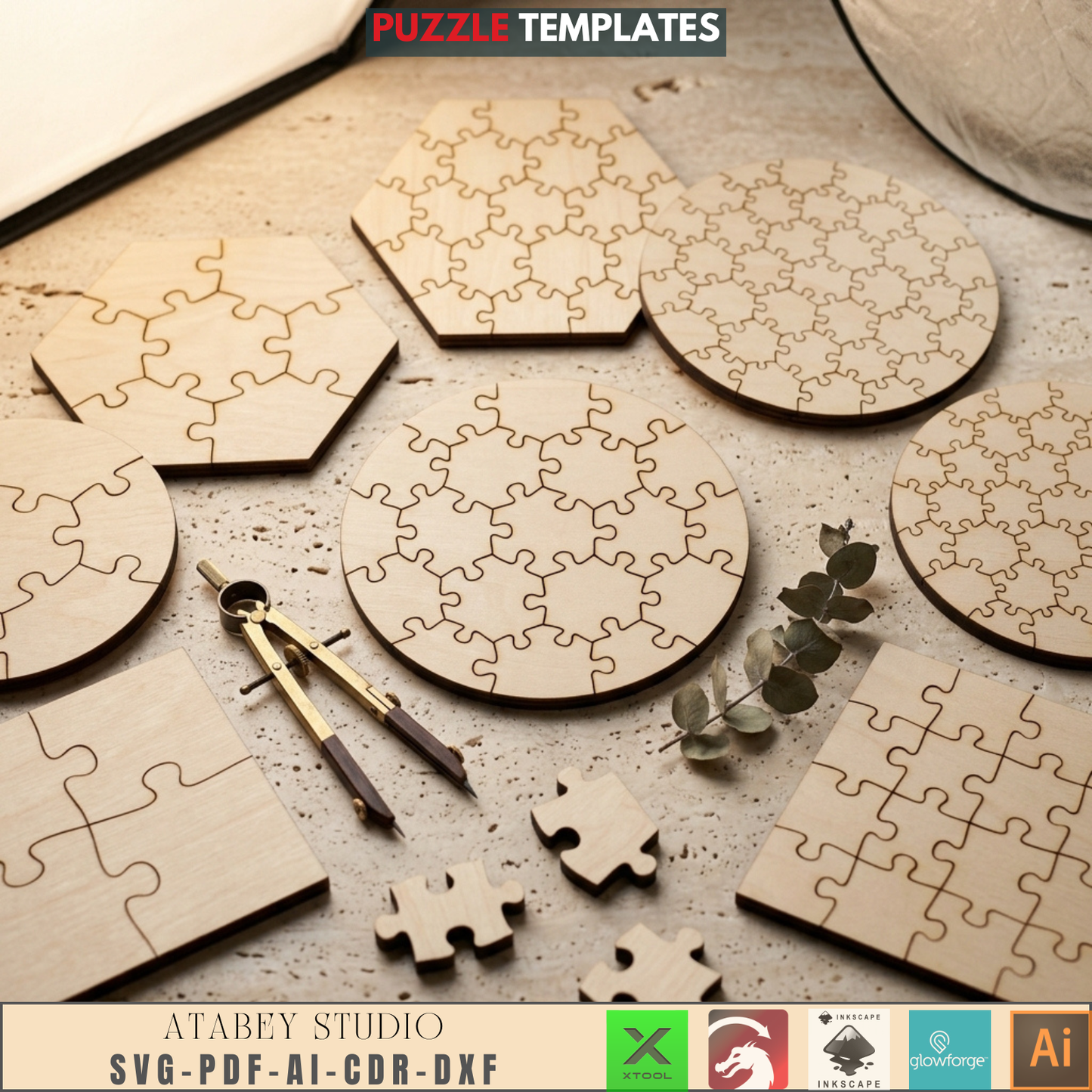 Wooden Laser Cut Jigsaw Puzzle Templates Circle Hexagon Square Shapes Bundle