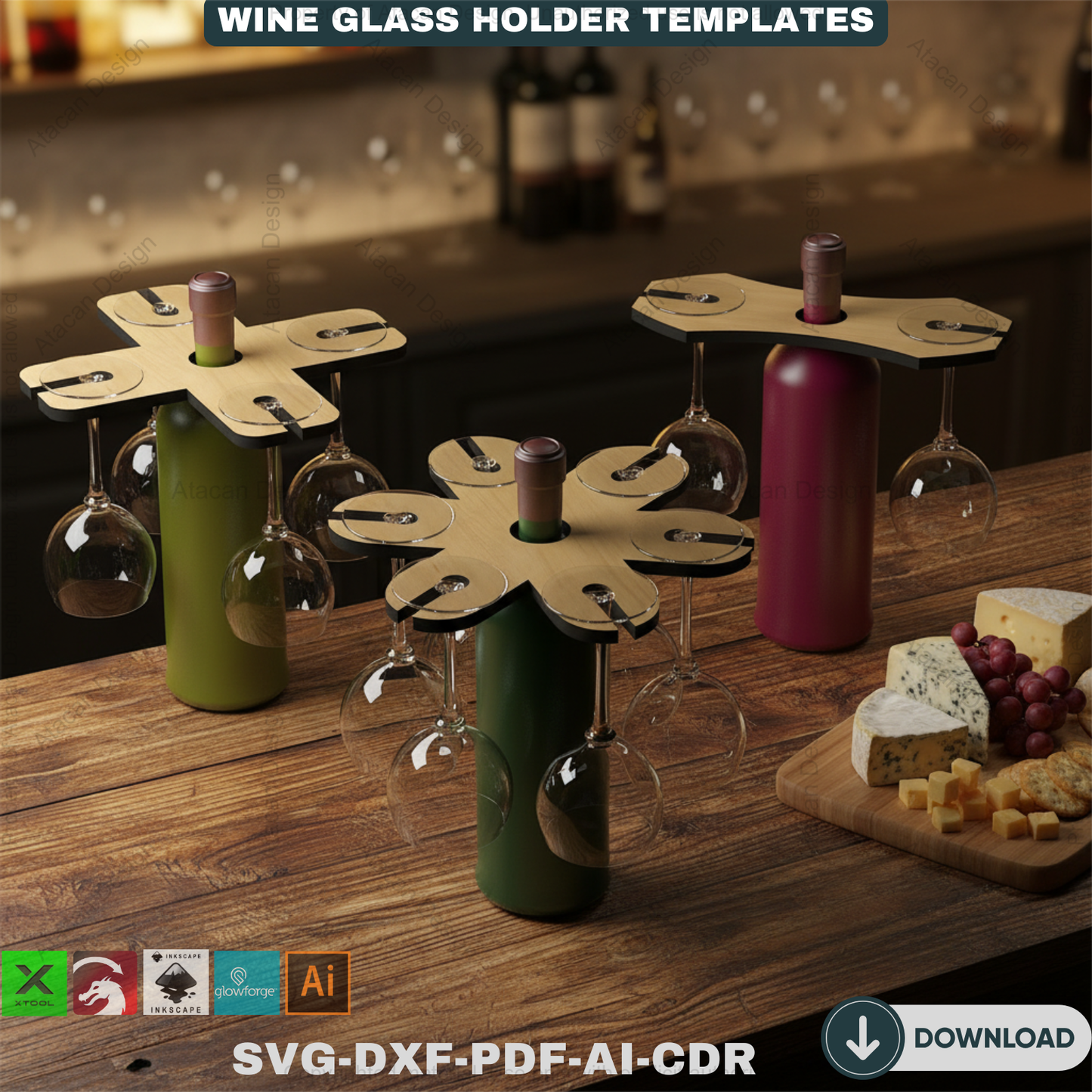 15 Designs Laser Cut Wine Caddy Glass Holder / Any Material Thickness 252