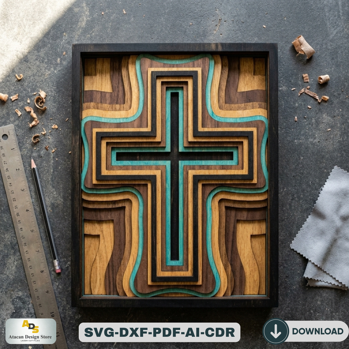 3D Layered Wood Cross Wall Art LaserCut Religious Multilayer Decor Christian Spiritual Vector Pattern