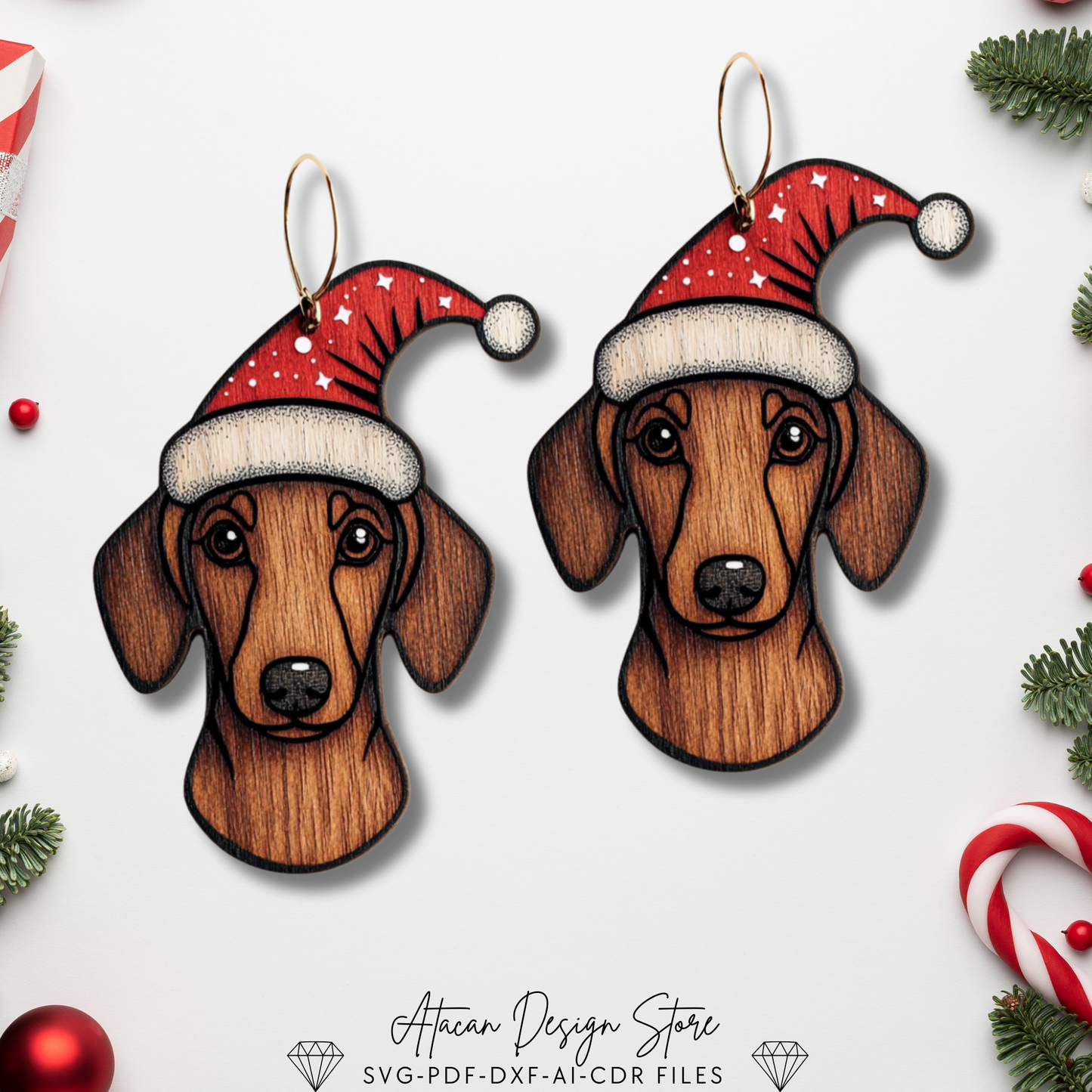 Festive Christmas Earring Templates - Dachshund, Star, and Cat Designs for Laser Cut Jewelry 716