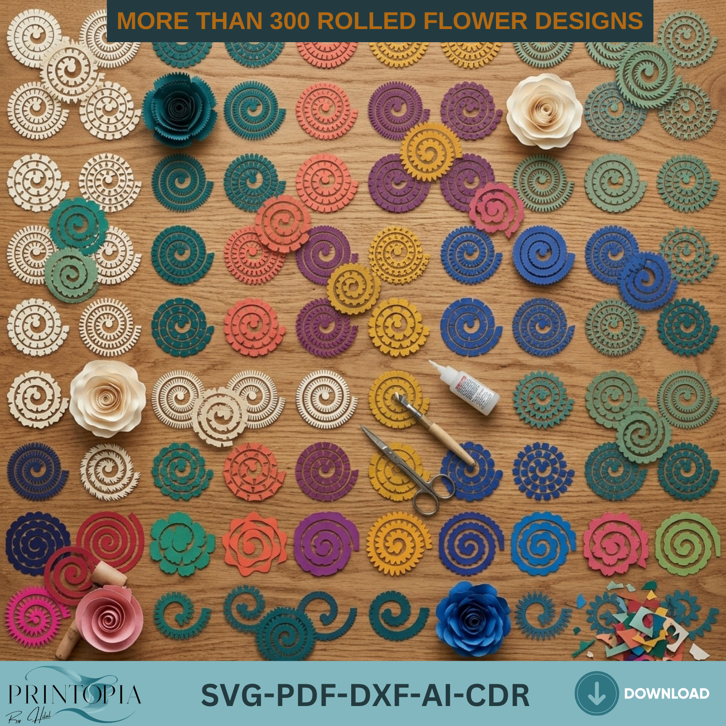 300+ Rolled Flower Bundle, 3D Paper Rose, DIY Craft Template, Instant Download
