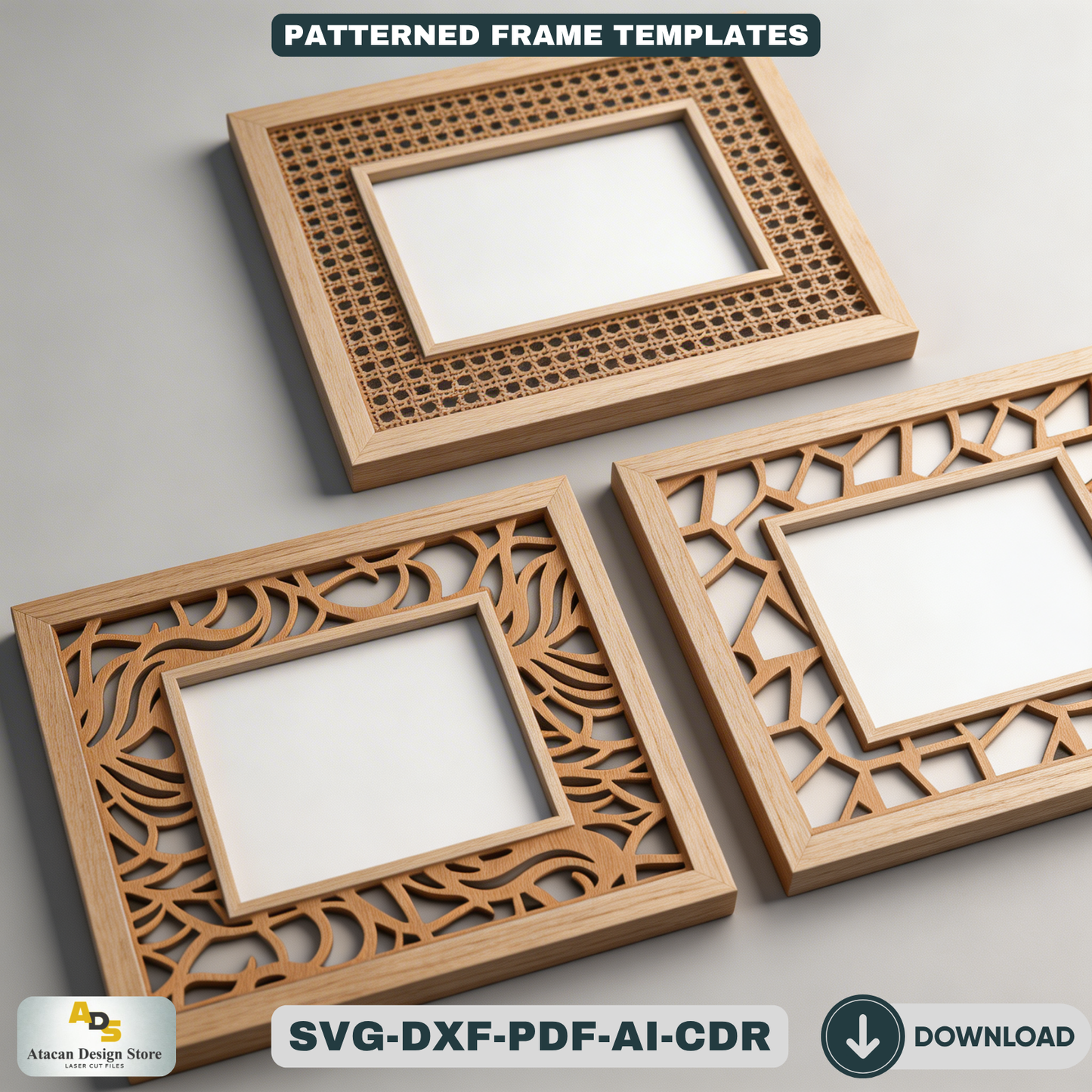 Floral Patterned Wood Photo Frame Designs - Rattan Cane Frame Laser Cut Set 449