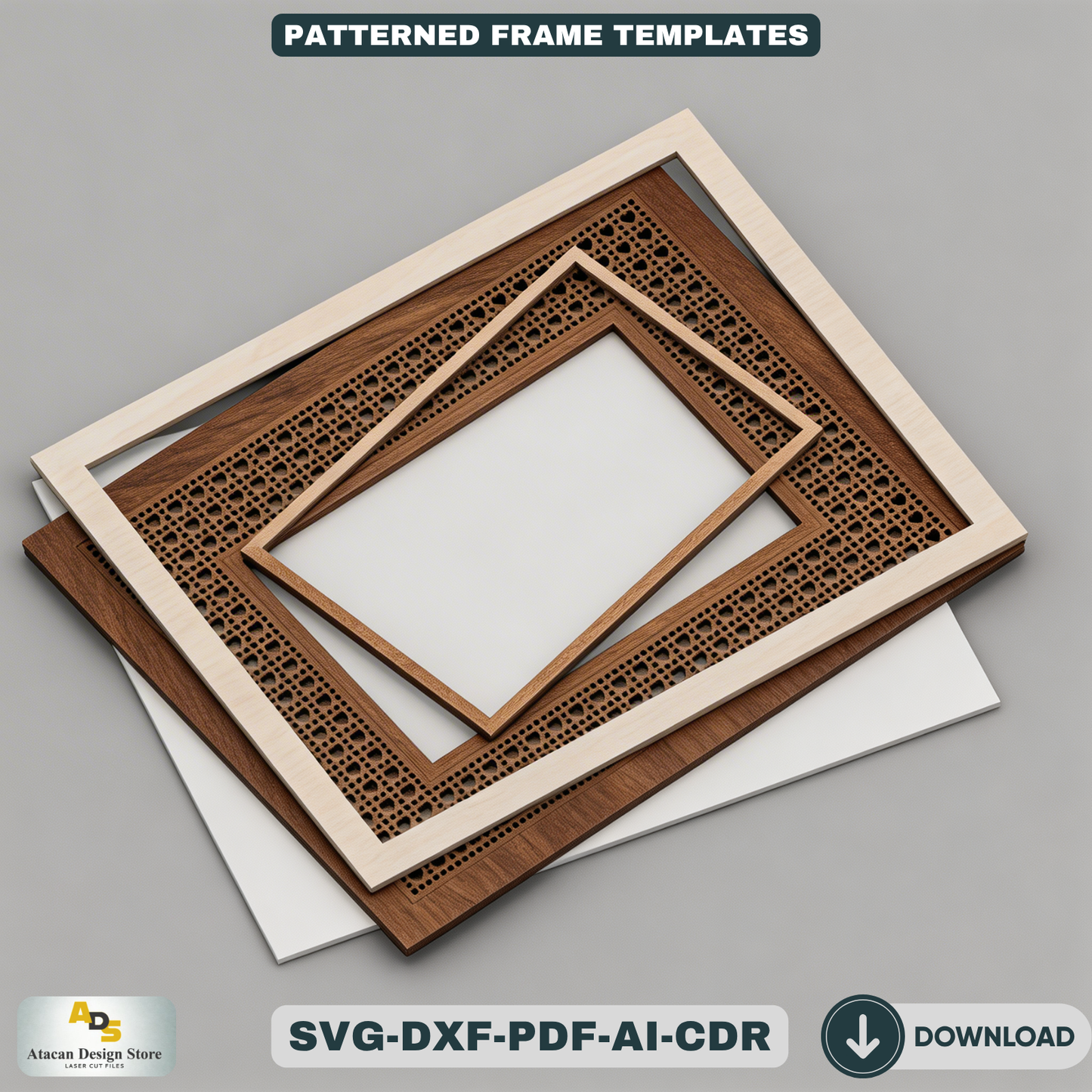 Floral Patterned Wood Photo Frame Designs - Rattan Cane Frame Laser Cut Set 449
