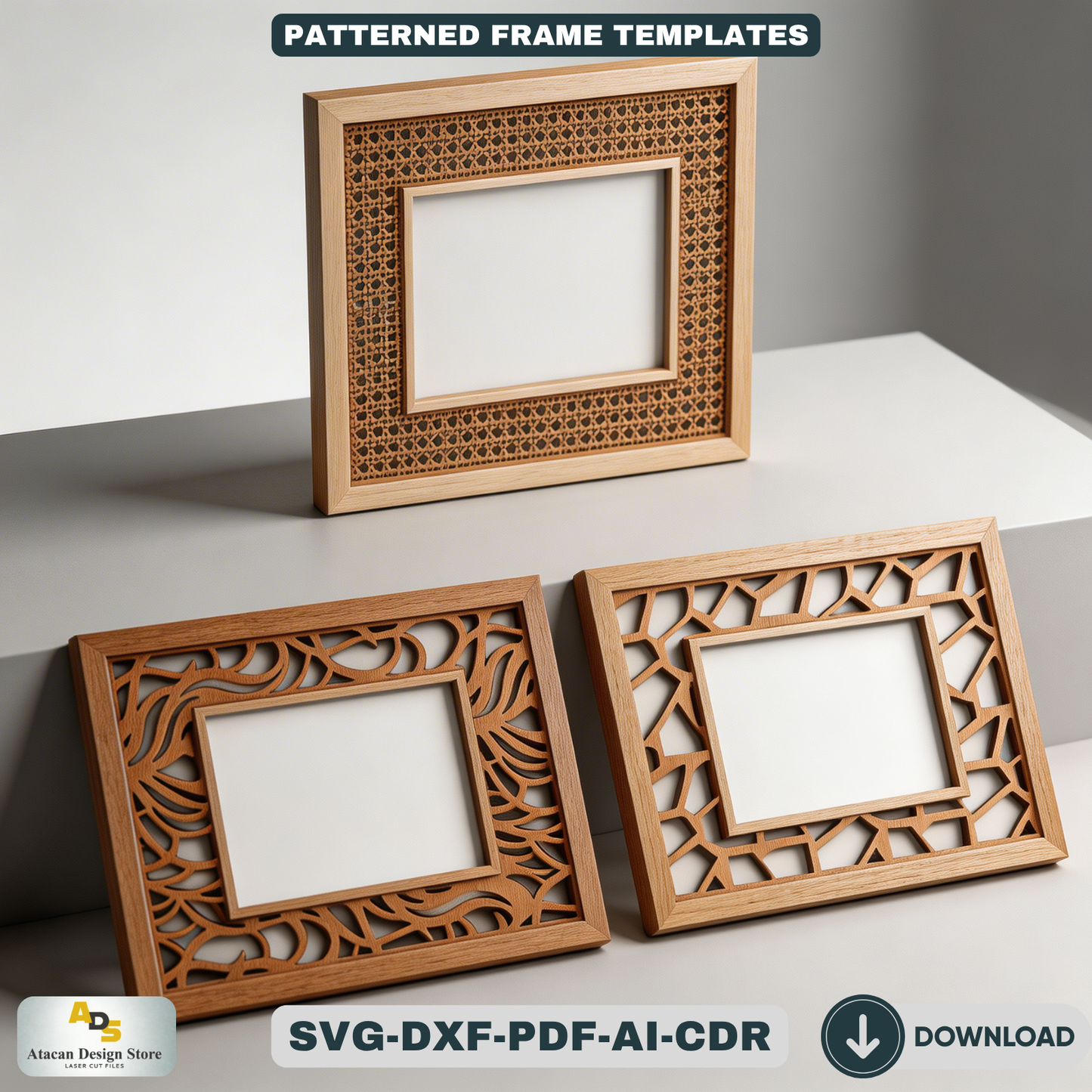 Floral Patterned Wood Photo Frame Designs - Rattan Cane Frame Laser Cut Set 449
