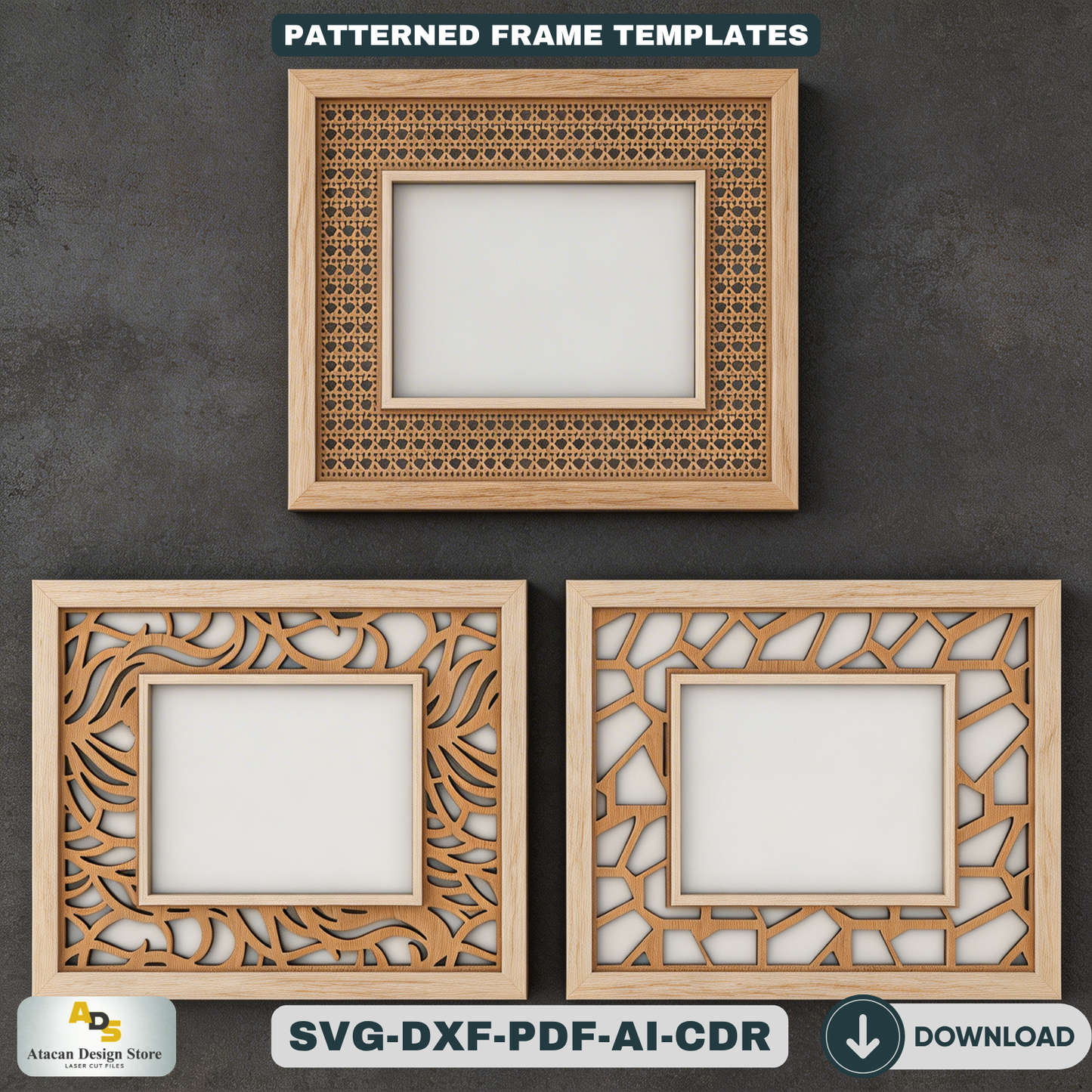 Floral Patterned Wood Photo Frame Designs - Rattan Cane Frame Laser Cut Set 449
