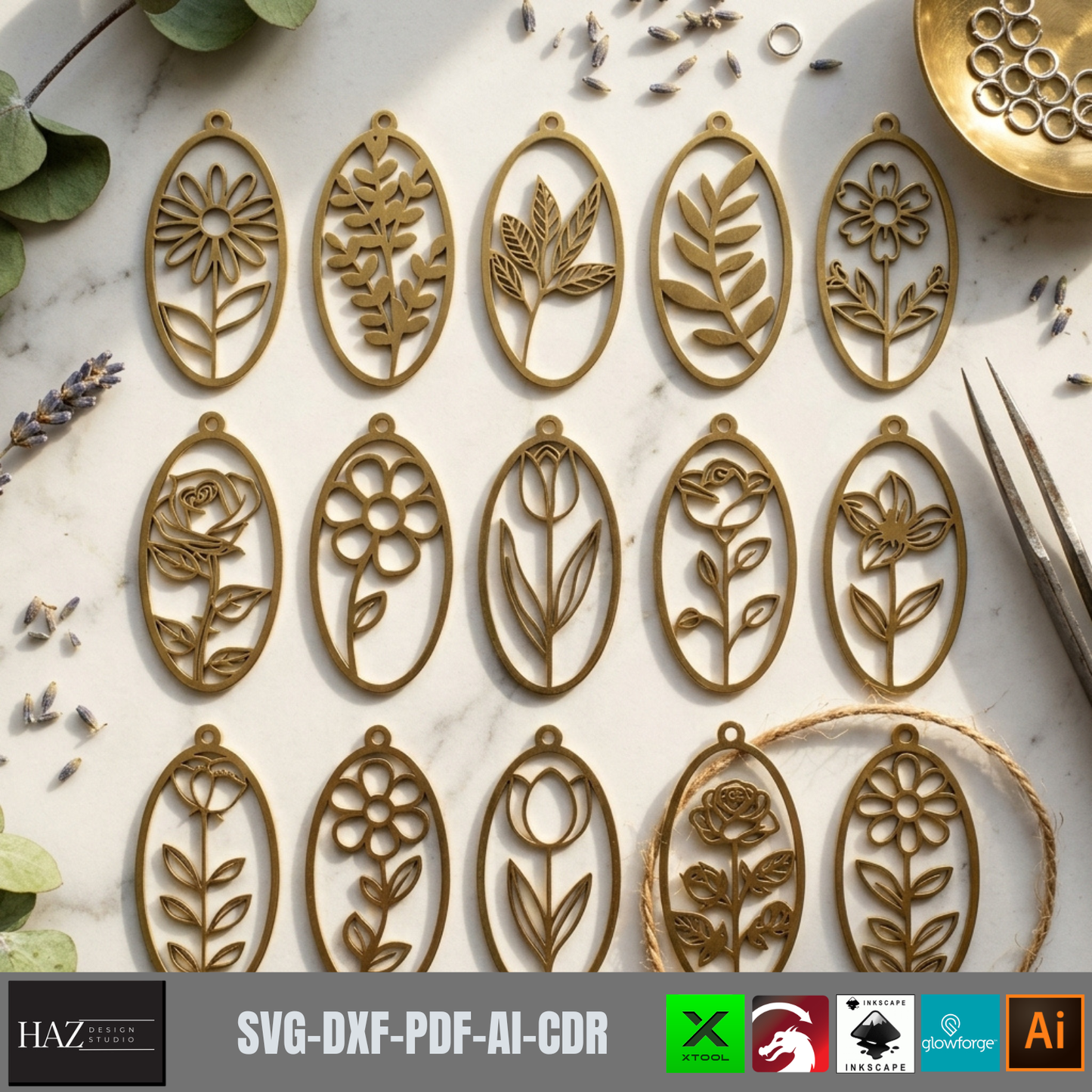 Botanical Earring Templates Floral Oval Pendant Wood Jewelry Patterns Rose Tulip Leaf Cutout Designs