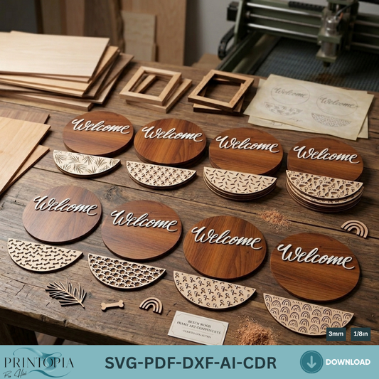 Welcome Sign Laser Cut Templates, Patterned Door Hangers, Round Plywood Wall Decor Bundle