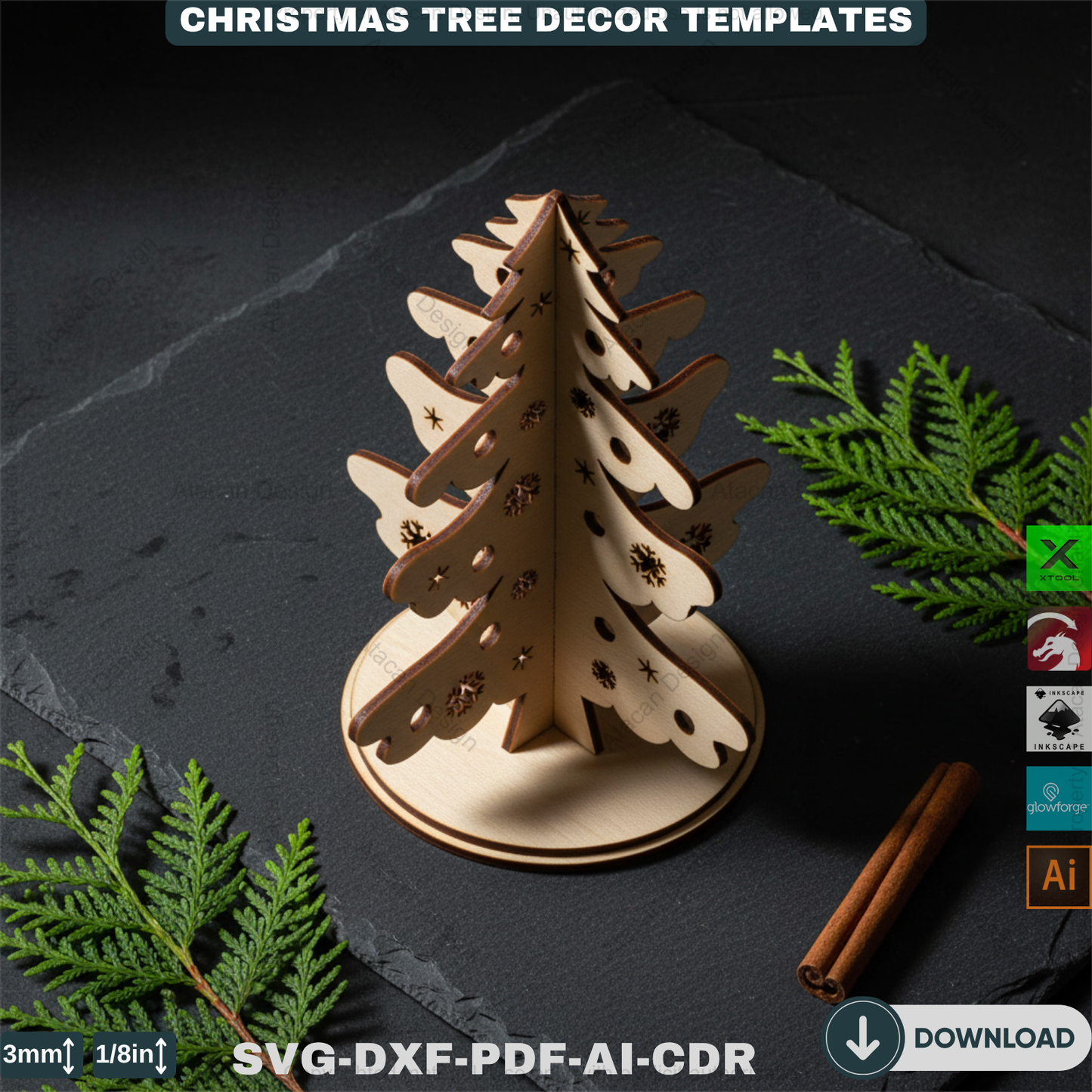 Christmas Ornament Tree With Pattern Laser Cut Files, Festive Holiday Shelf Sitter, Wooden Tabletop Decor Trees 912