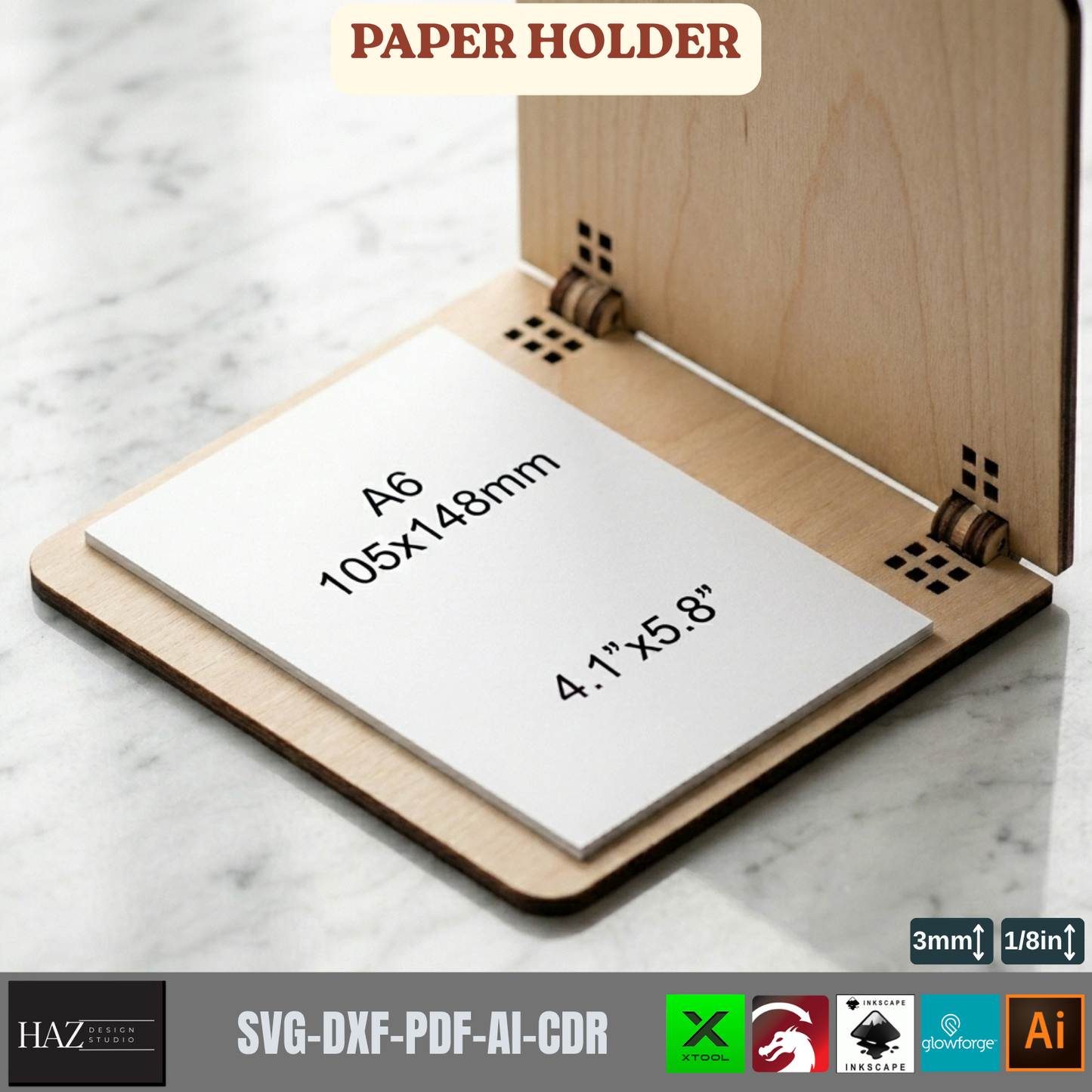 Wooden Paper Holder Laser Cut Files, Desk Notepad Cover SVG Template, A4-A6 Memo Pad