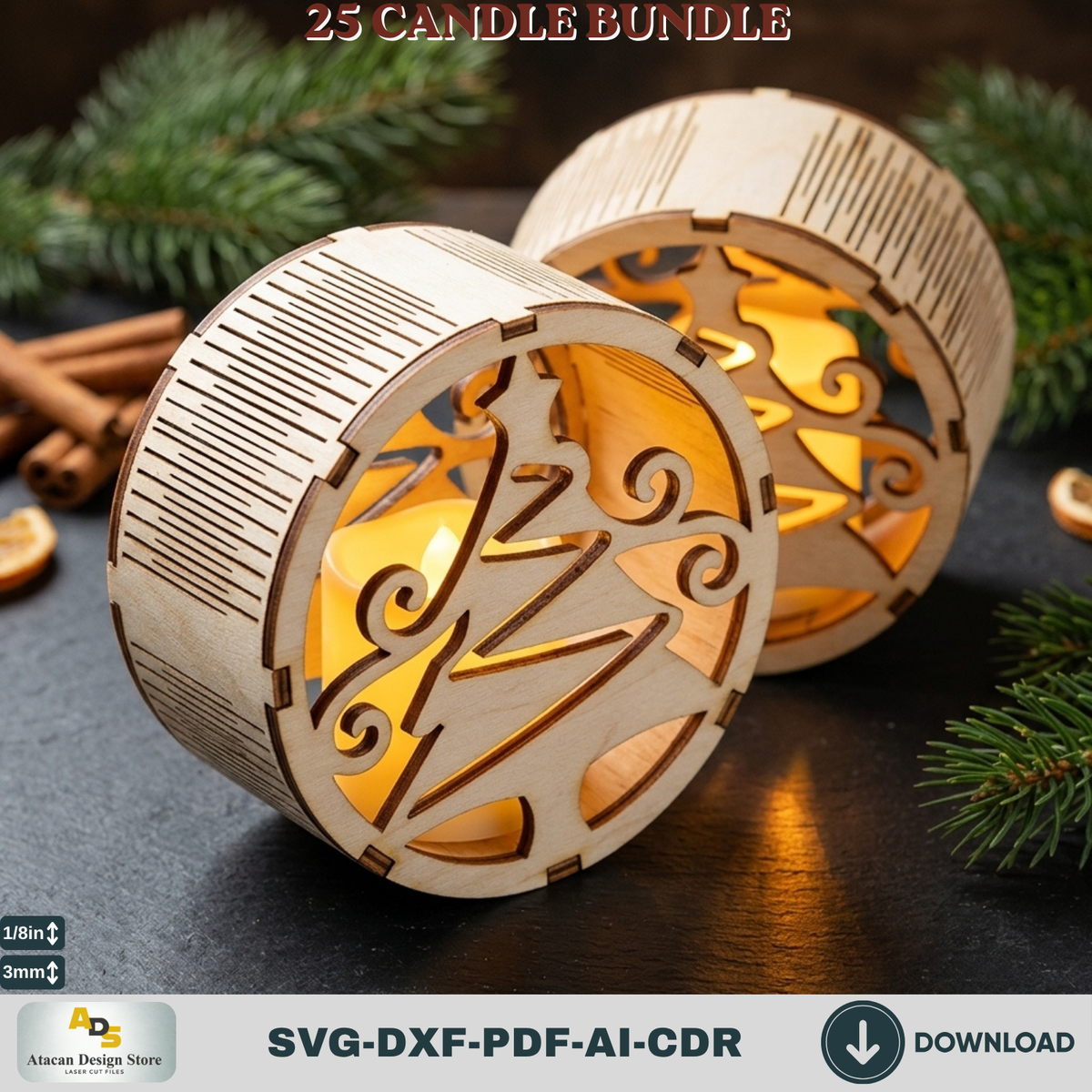 Christmas Tealight Candle Holder Bundle, 25 Laser Cut Round Lantern Templates, Xmas Glowforge Decor