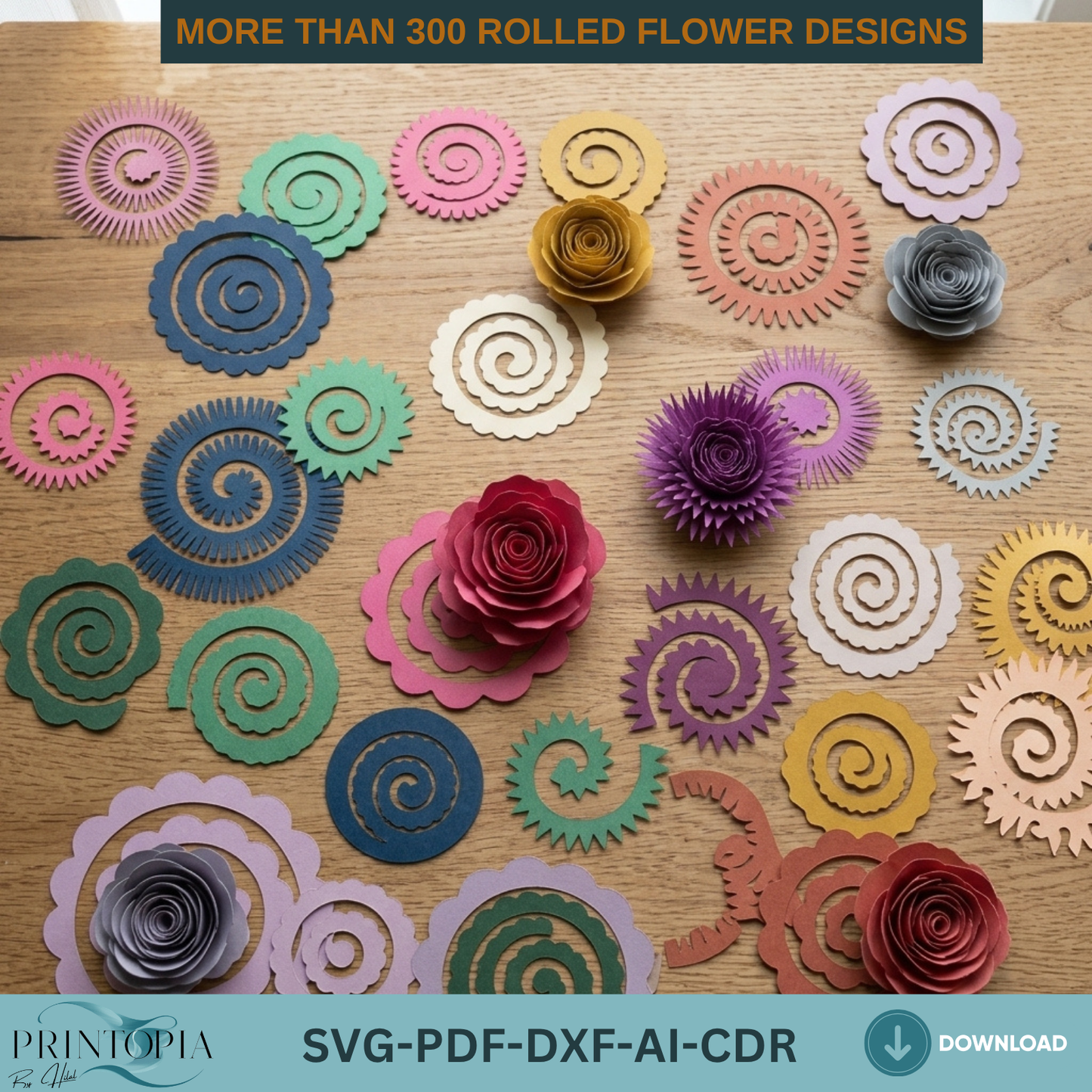 300+ Rolled Flower Bundle, 3D Paper Rose, DIY Craft Template, Instant Download