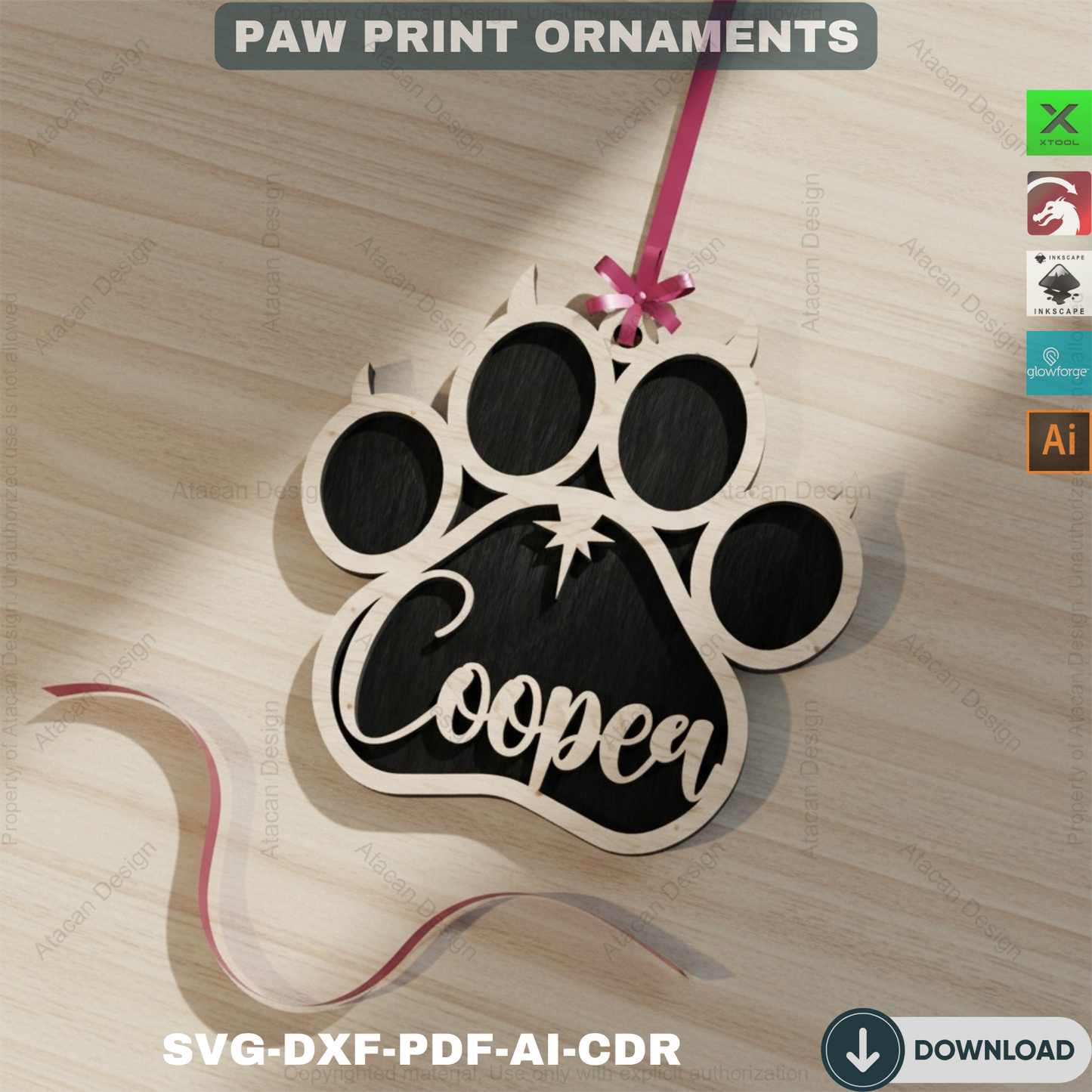 Personalized Dog Paw Ornament - Custom Wooden Pet Christmas Keepsake for Laser Cutting 809