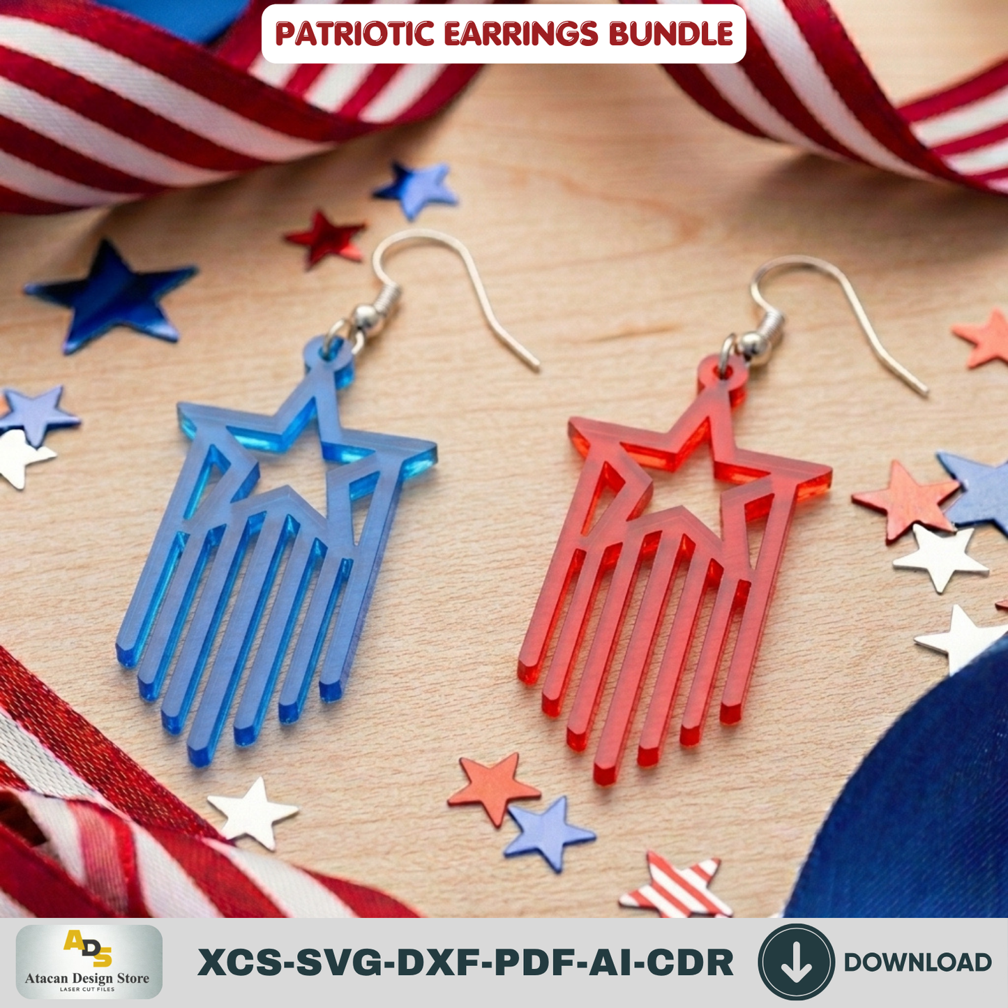 Patriotic Earring Laser Cut Template, USA Flag Star Jewelry Pattern, Independence Day Gift