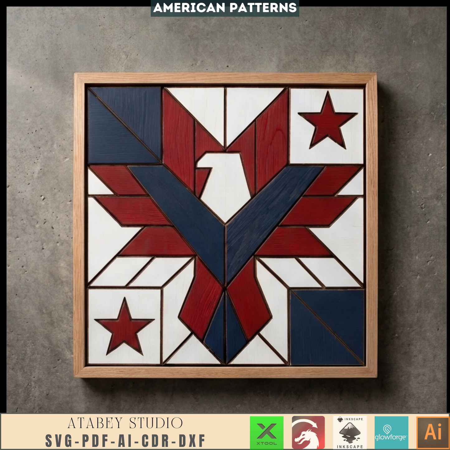 American Eagle Wood Barn Quilt Pattern Patriotic Sign Geometric Hawk Shield Intarsia Wall Art