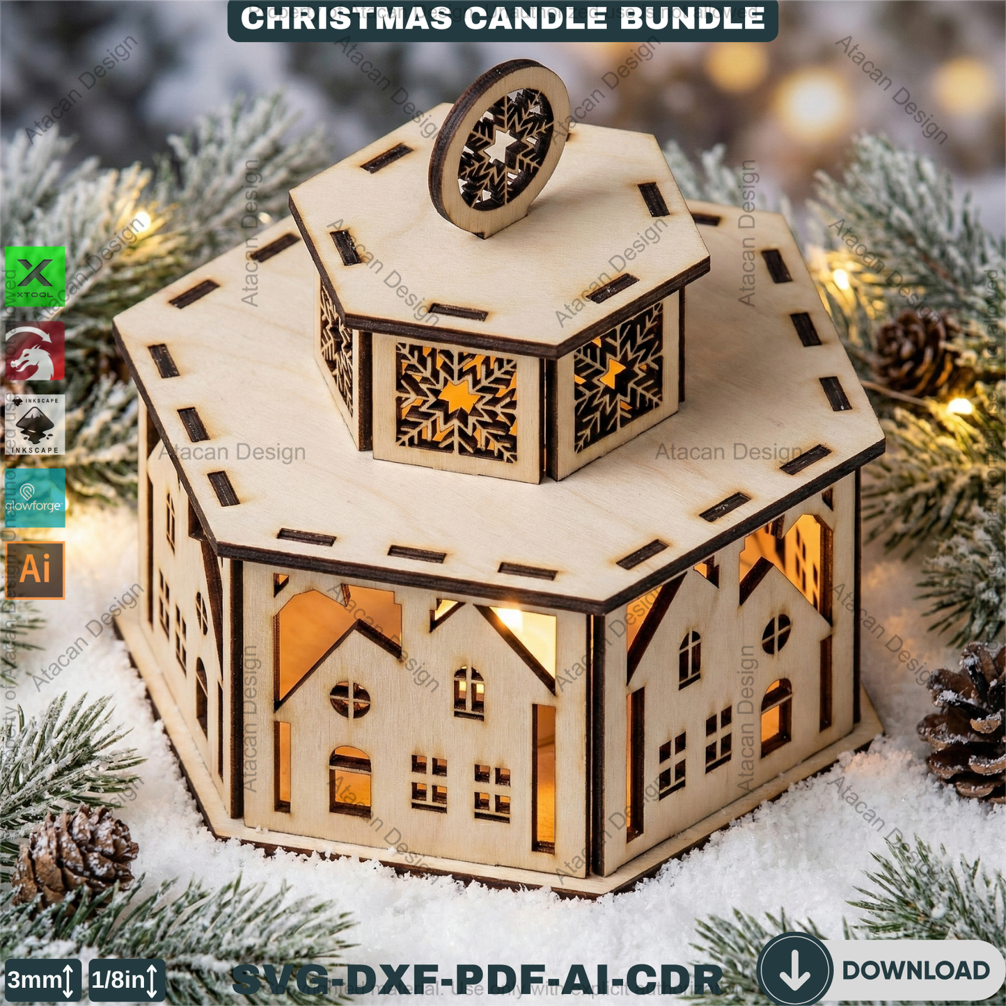 Christmas Candle Holders - Lanterns With Lid - Tealight Laser Cut Lamp Designs - Night Light Decoration 922