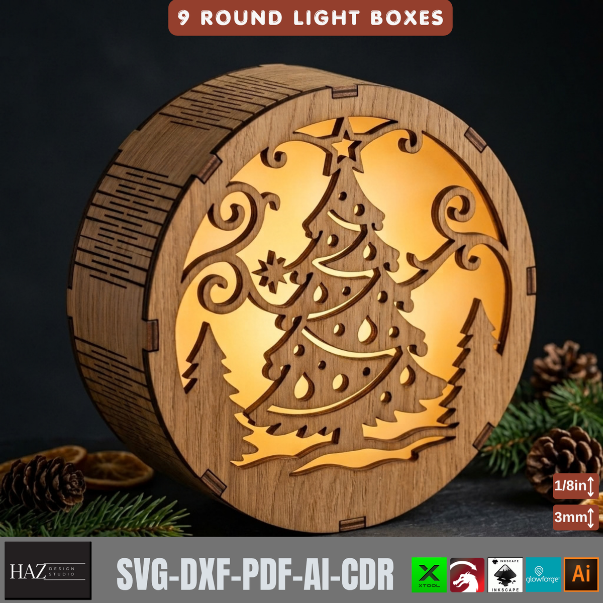 9 Round Christmas Light Box SVG Laser Cut Files – Tealight Holiday Decor