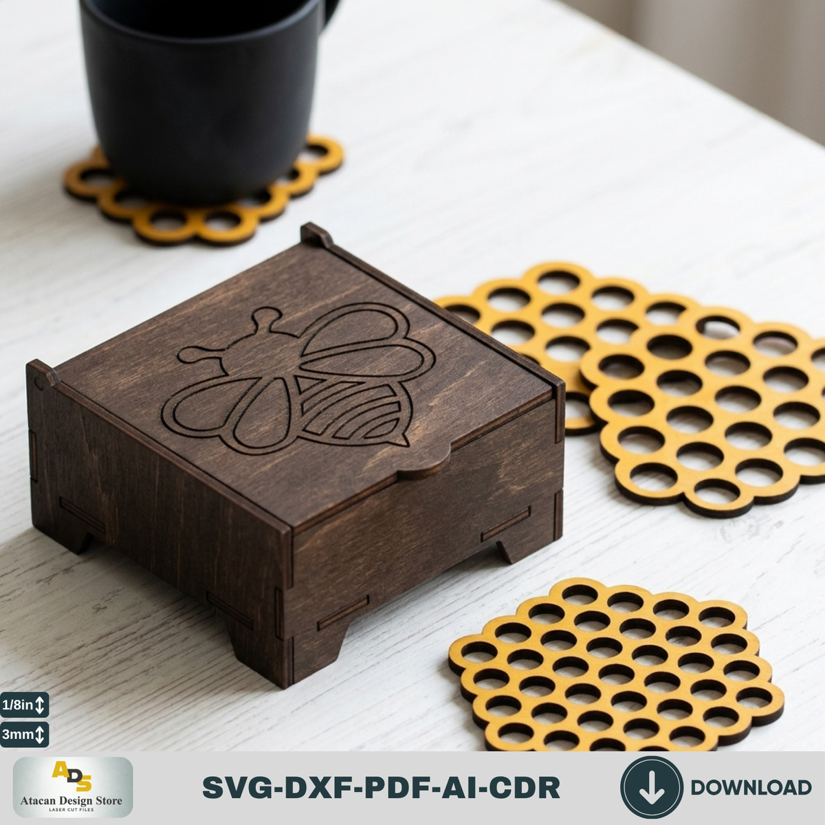 Honey Bee Coaster Set with Box SVG, Hexagon Honeycomb Coasters, Coaster Holder 305