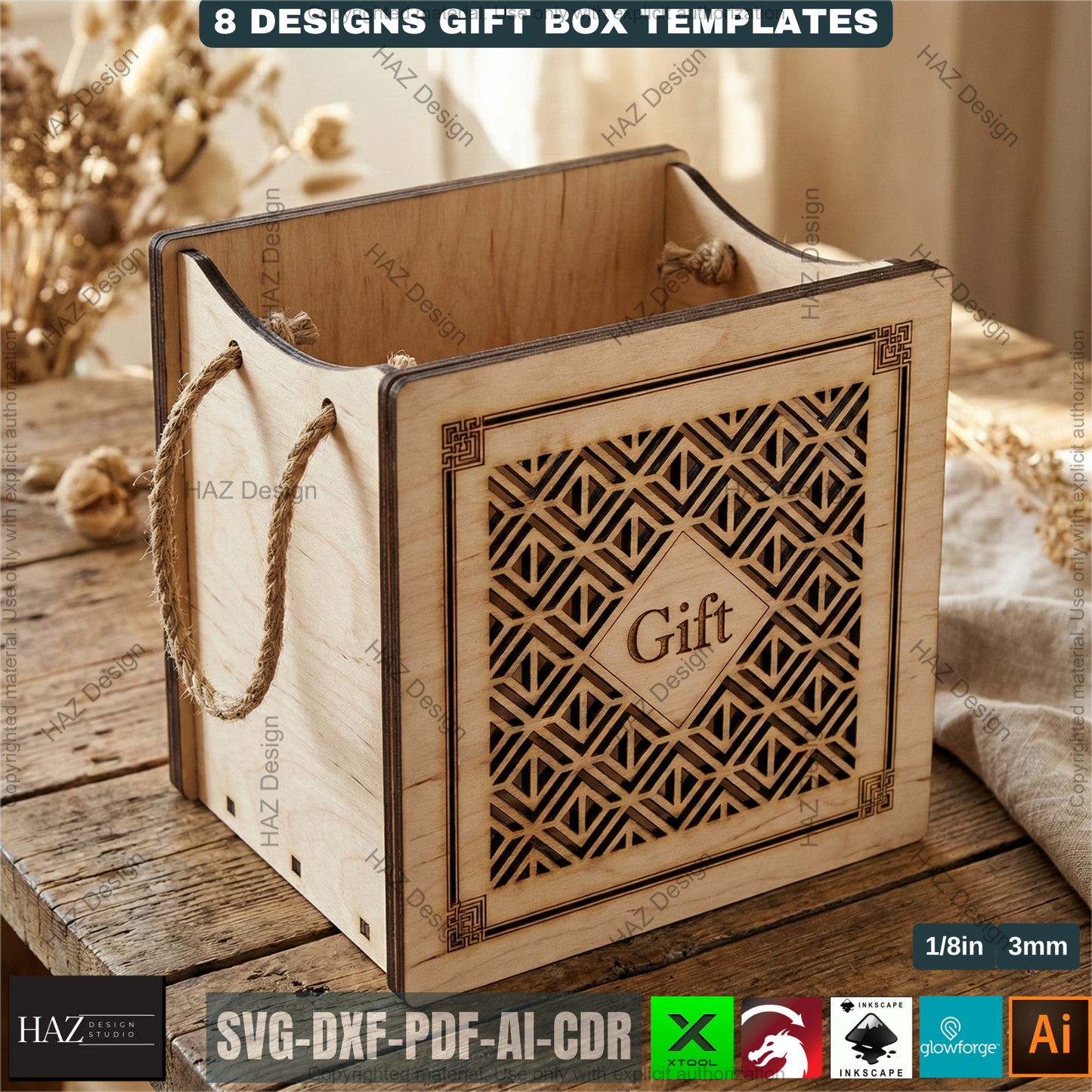 8 Laser Cut Gift Box Templates, Wooden Storage Crate Pattern, Decorative Plywood Basket, DIY Wedding Hamper, Laser Ready Cut Files 511